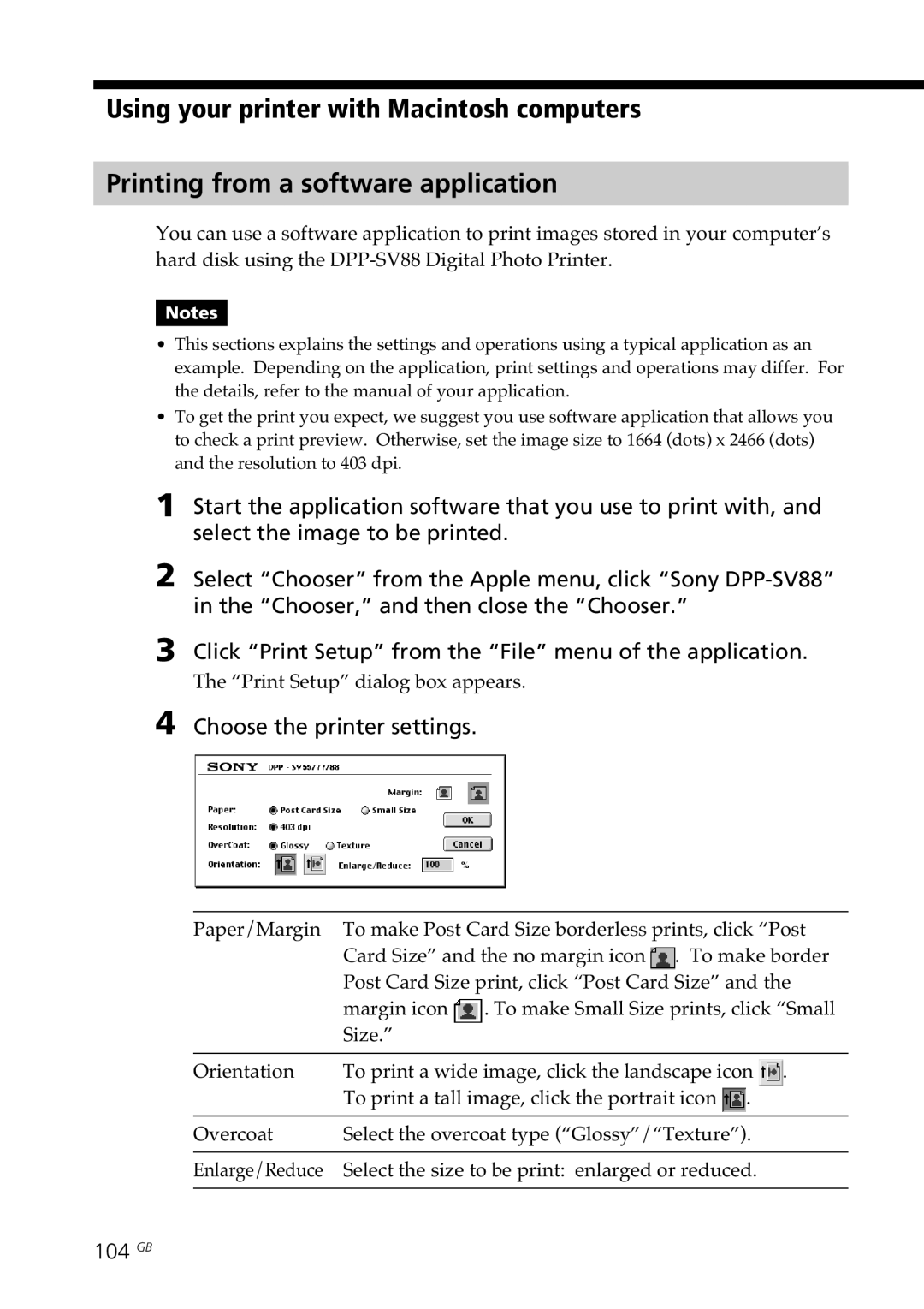 Sony DPP-SV88 operating instructions Choose the printer settings, 104 GB 