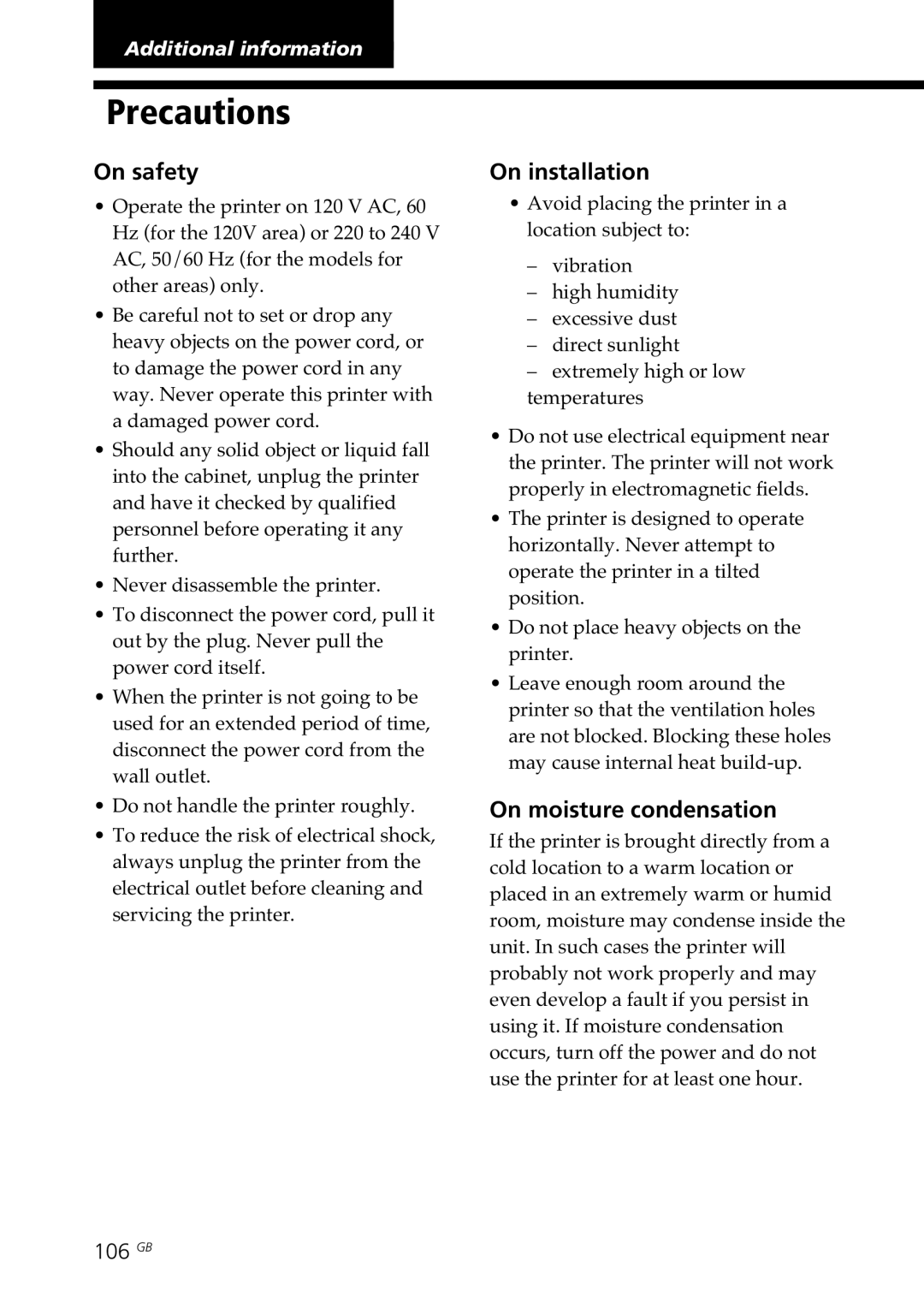 Sony DPP-SV88 operating instructions Precautions, On safety, On installation, On moisture condensation, 106 GB 