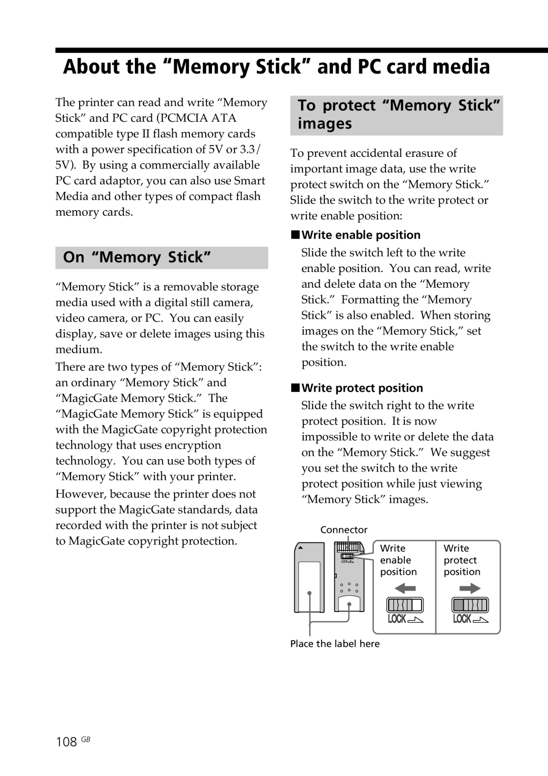 Sony DPP-SV88 About the Memory Stick and PC card media, On Memory Stick, To protect Memory Stick Images, 108 GB 