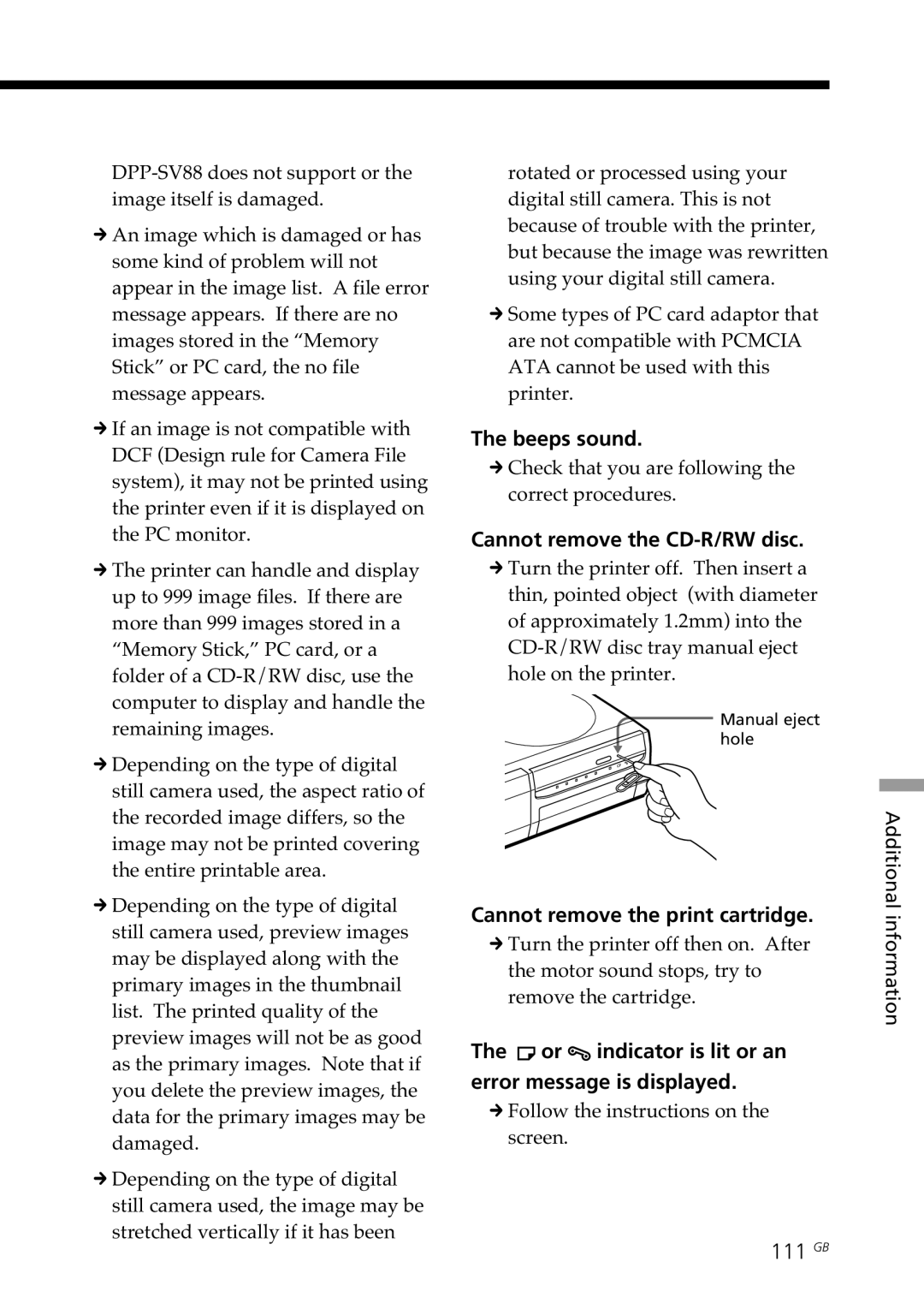 Sony DPP-SV88 operating instructions Beeps sound, Cannot remove the CD-R/RW disc, Cannot remove the print cartridge, 111 GB 