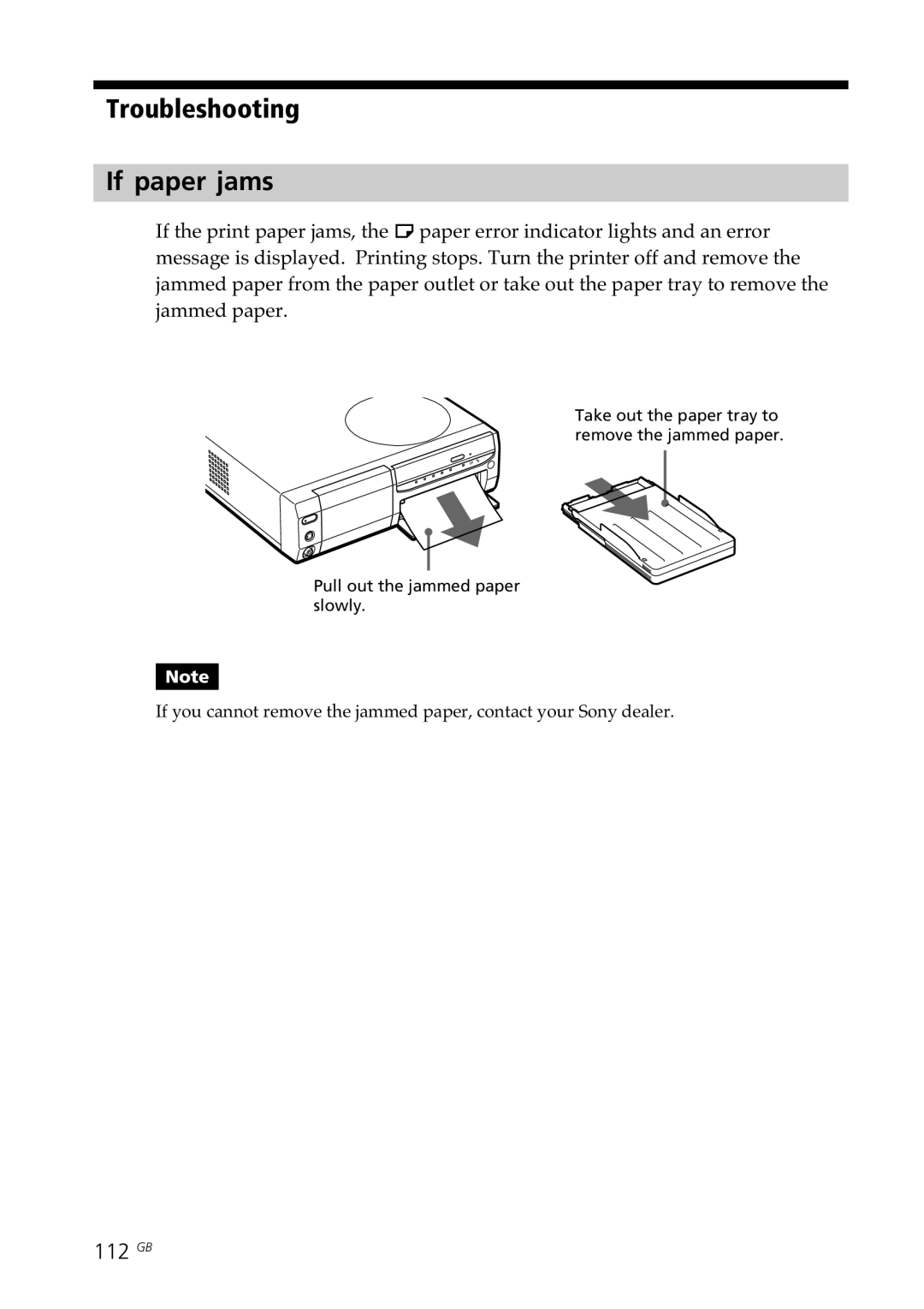 Sony DPP-SV88 operating instructions Troubleshooting If paper jams, 112 GB 