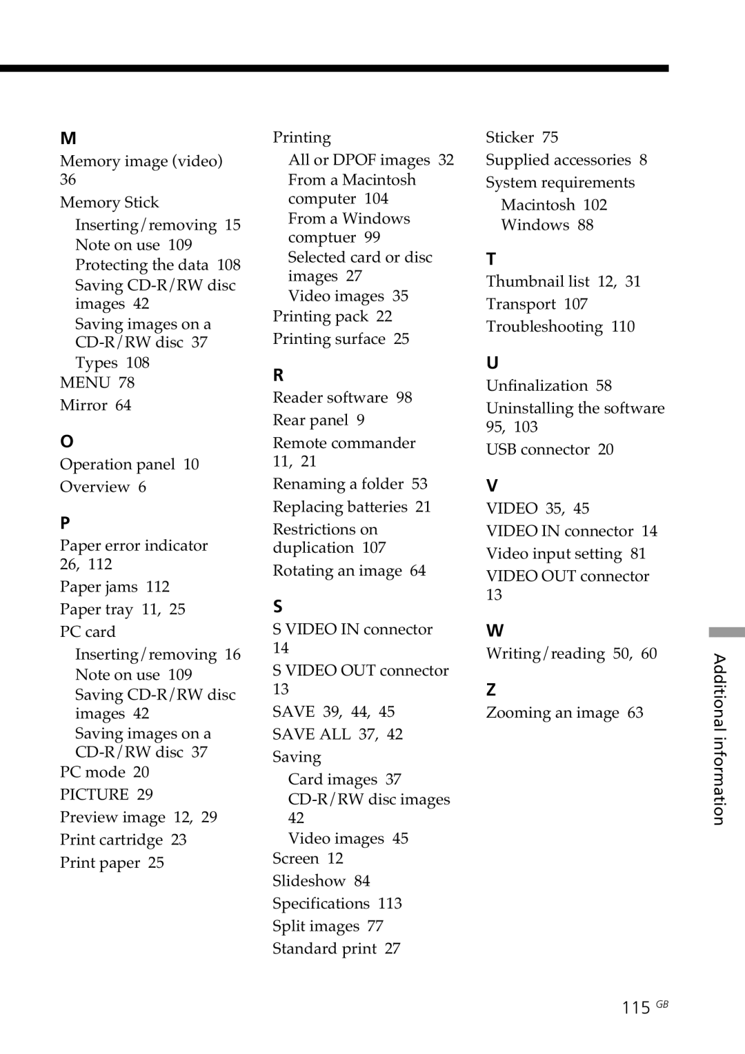 Sony DPP-SV88 operating instructions 115 GB, Menu 