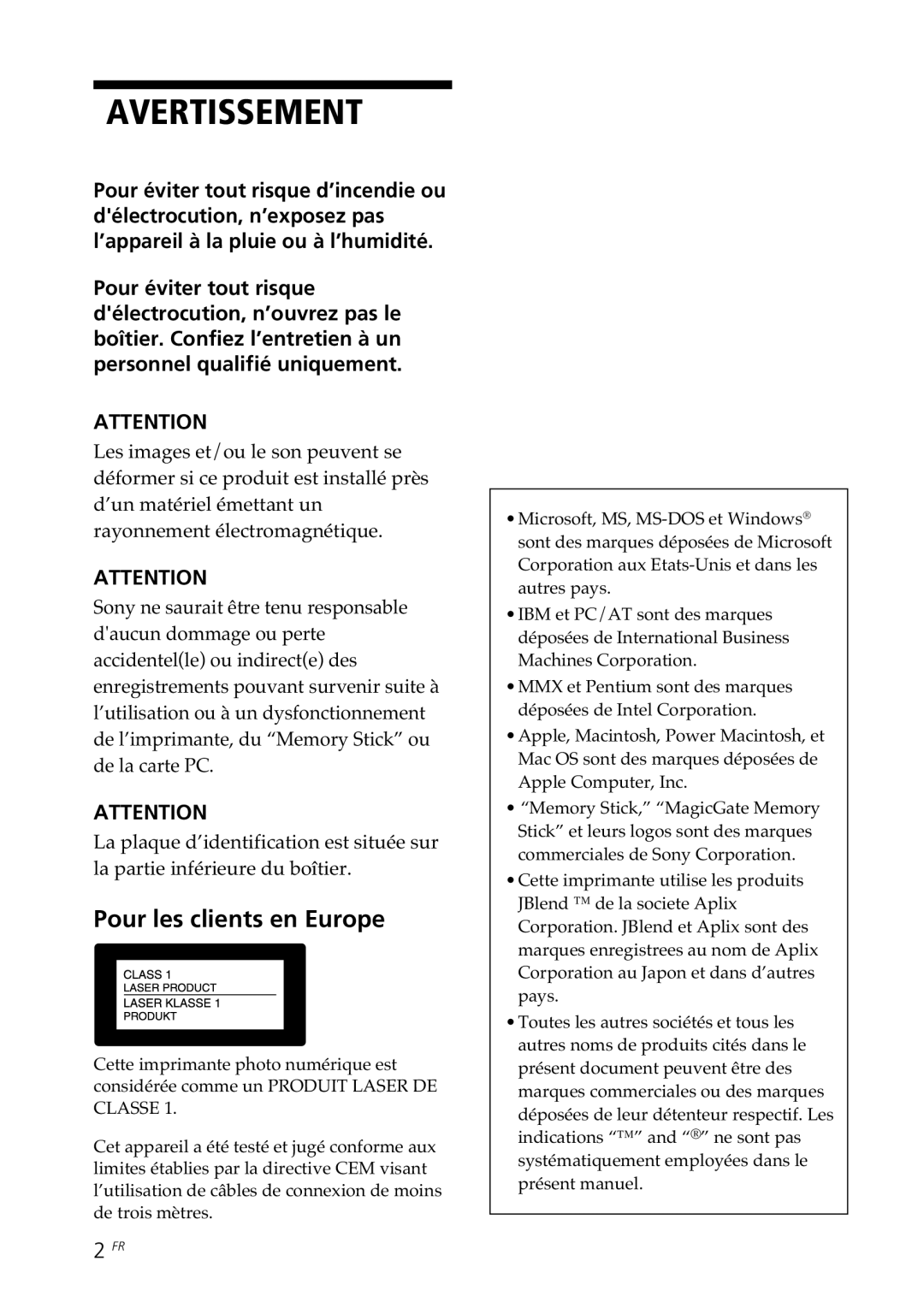 Sony DPP-SV88 operating instructions Avertissement 