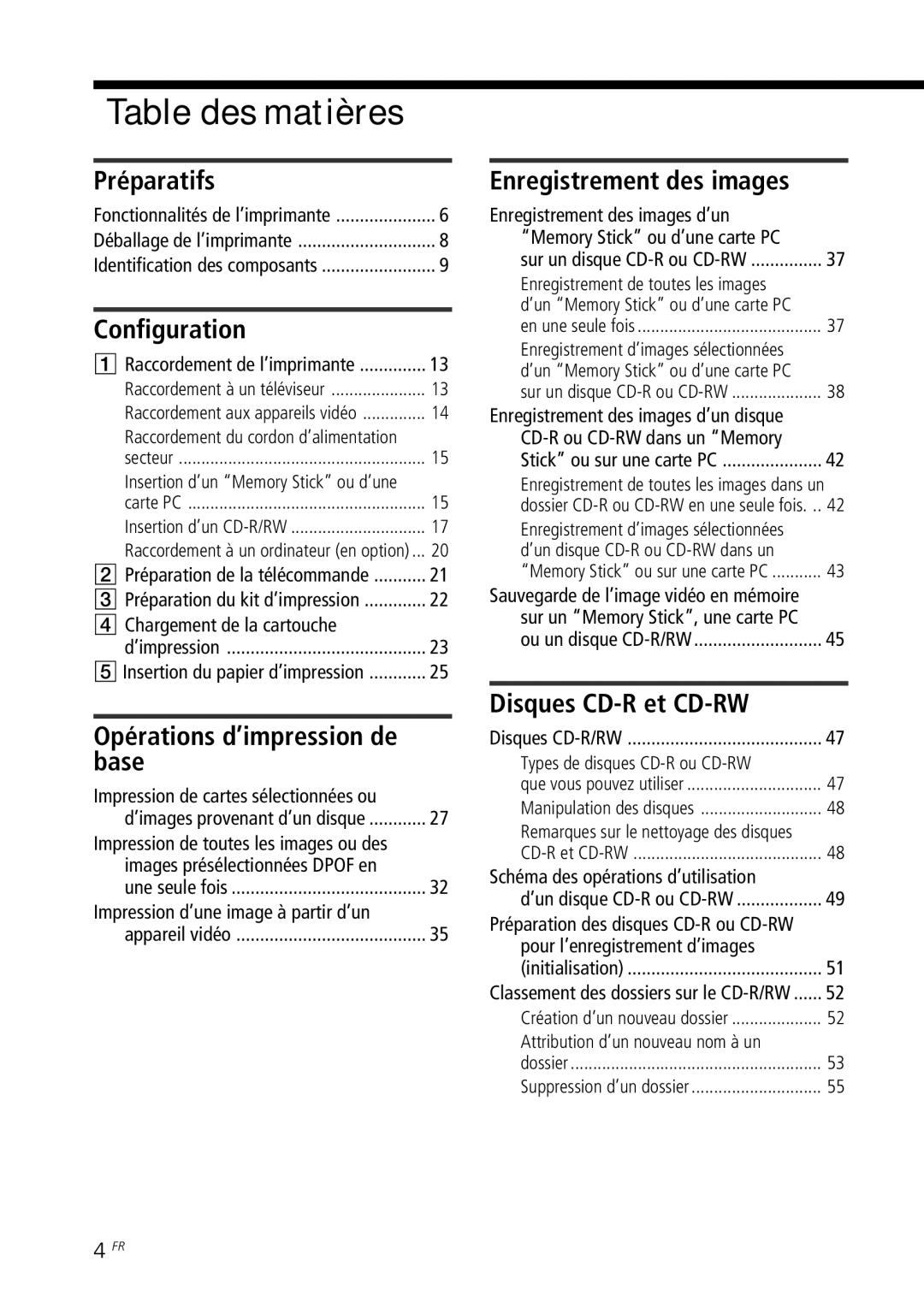 Sony DPP-SV88 operating instructions Table des matières, Préparatifs, Configuration, Base, Disques CD-R et CD-RW 
