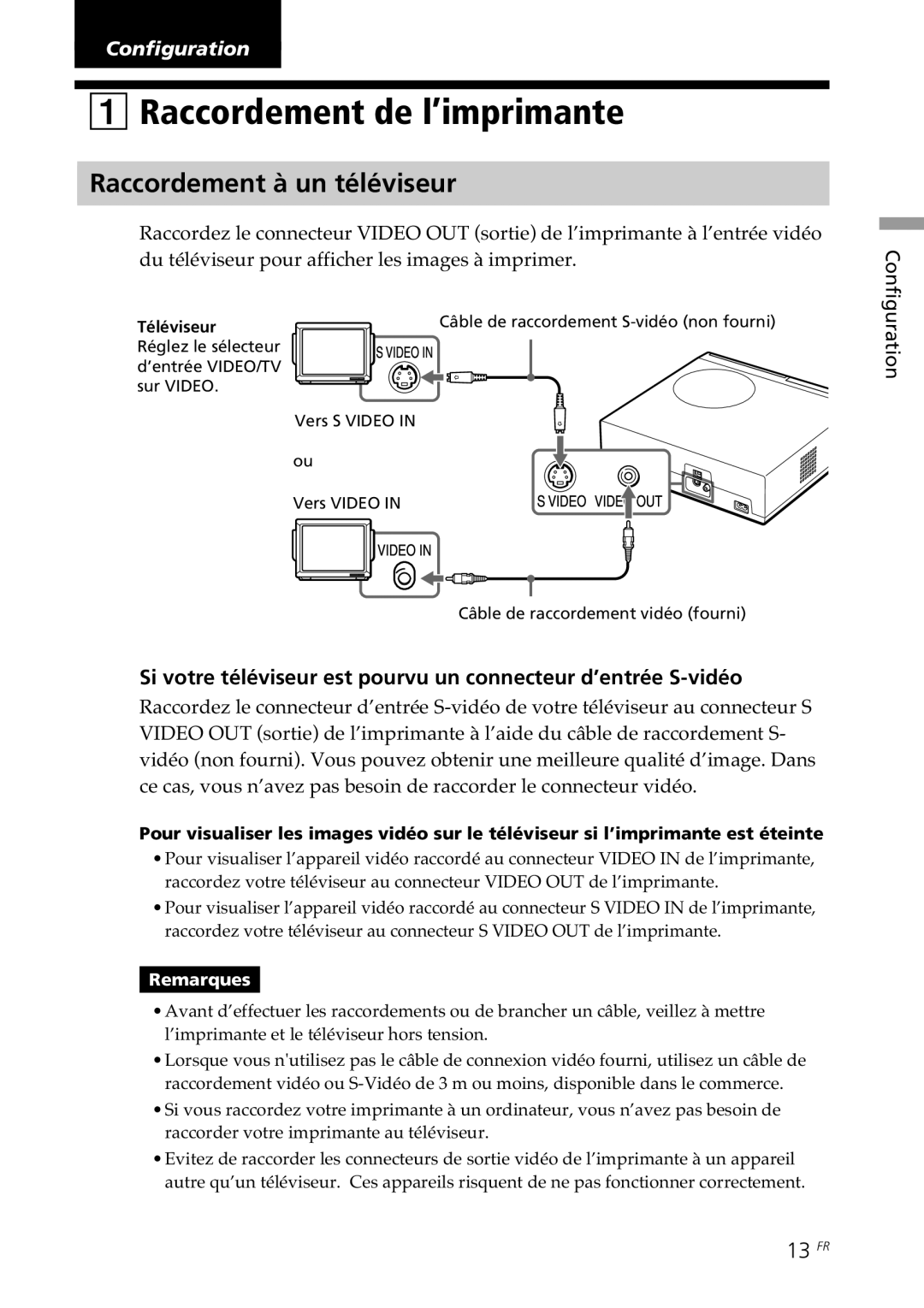 Sony DPP-SV88 operating instructions Raccordement de l’imprimante, Raccordement à un téléviseur, 13 FR 