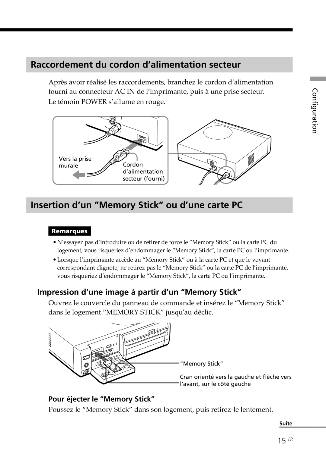 Sony DPP-SV88 Raccordement du cordon d’alimentation secteur, Insertion d’un Memory Stick ou d’une carte PC, 15 FR 