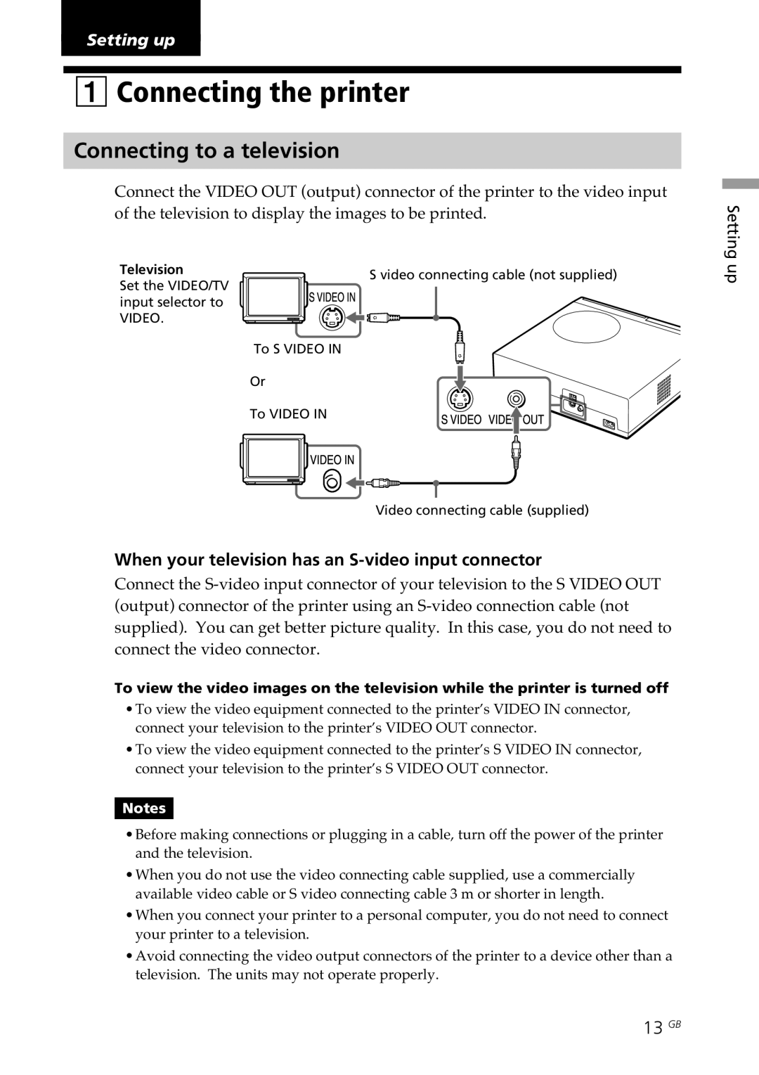 Sony DPP-SV88 Connecting the printer, Connecting to a television, When your television has an S-video input connector 