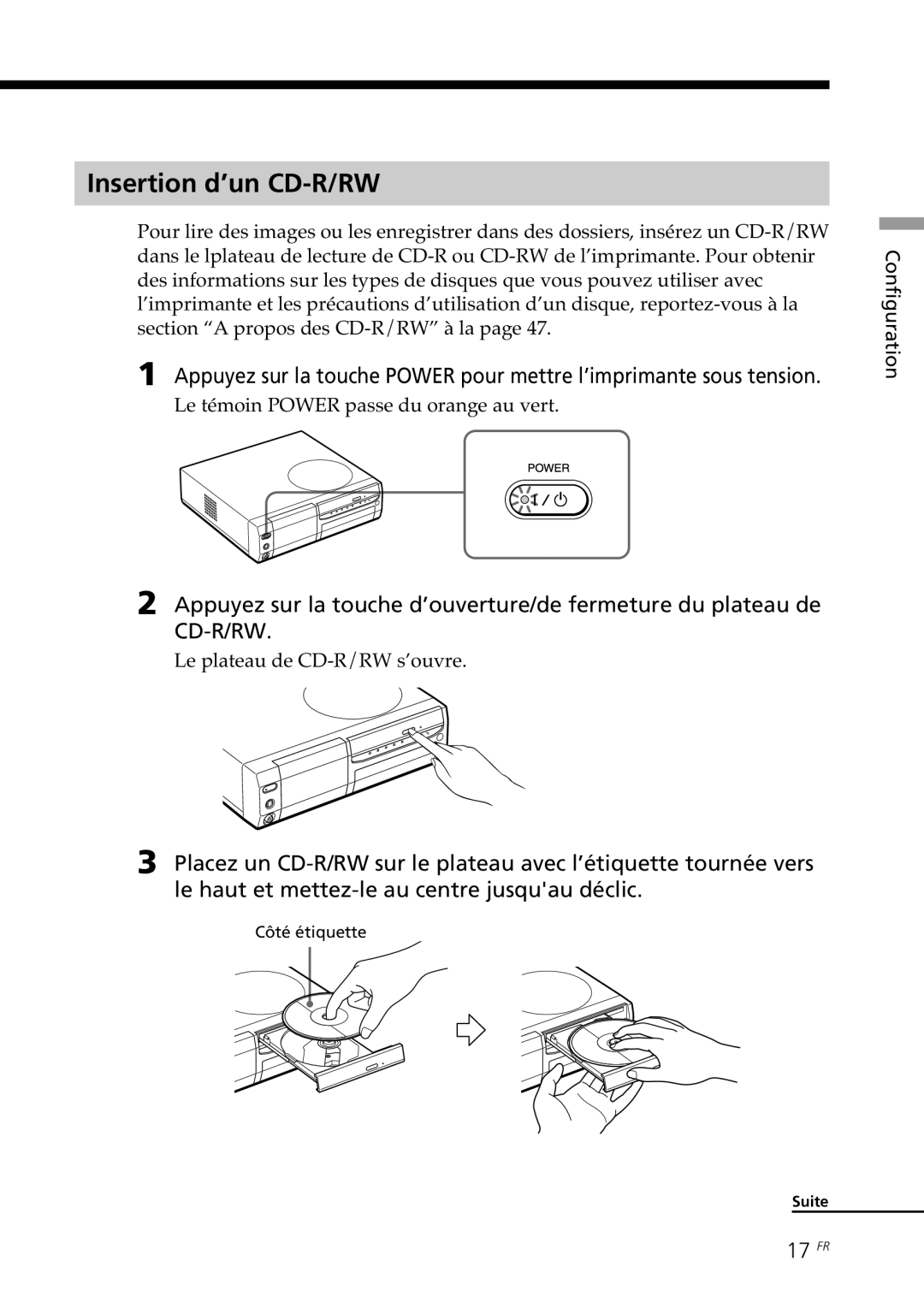 Sony DPP-SV88 Insertion d’un CD-R/RW, 17 FR, Le témoin Power passe du orange au vert, Le plateau de CD-R/RW s’ouvre 