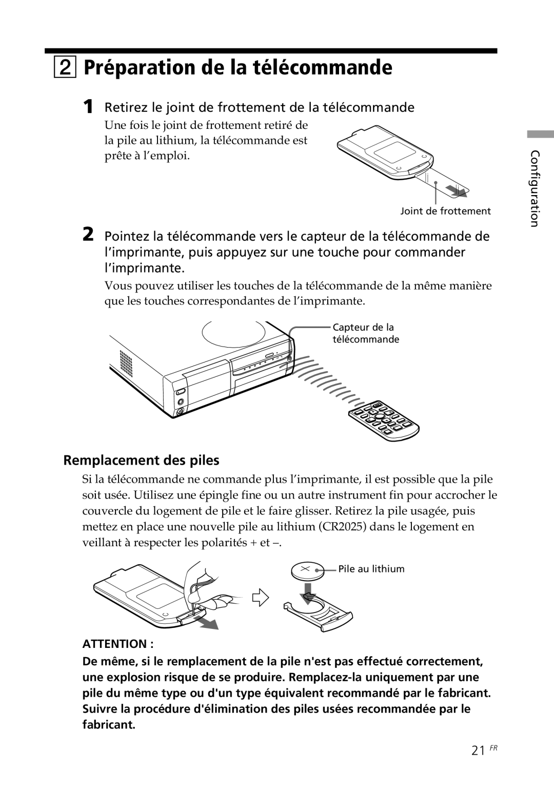 Sony DPP-SV88 Préparation de la télécommande, Remplacement des piles, Retirez le joint de frottement de la télécommande 