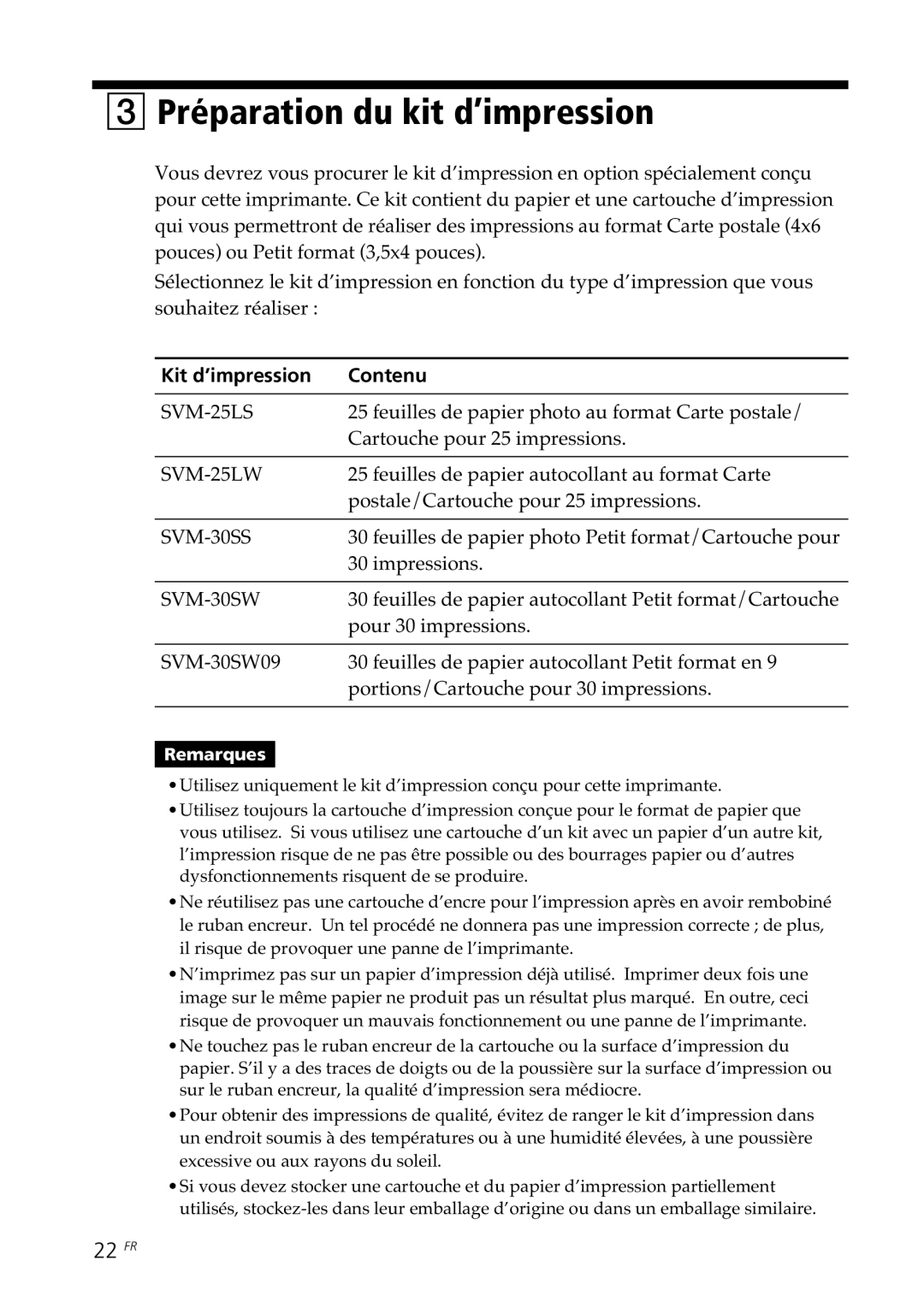 Sony DPP-SV88 operating instructions Préparation du kit d’impression, 22 FR, Kit d’impression Contenu 