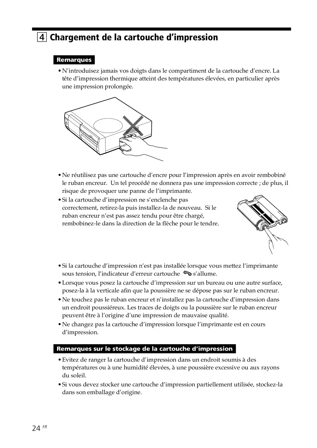 Sony DPP-SV88 operating instructions Chargement de la cartouche d’impression, 24 FR 