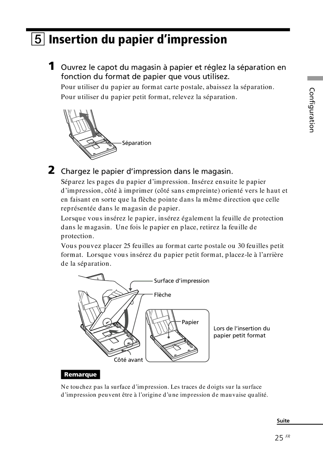 Sony DPP-SV88 Insertion du papier d’impression, Chargez le papier d’impression dans le magasin, 25 FR 