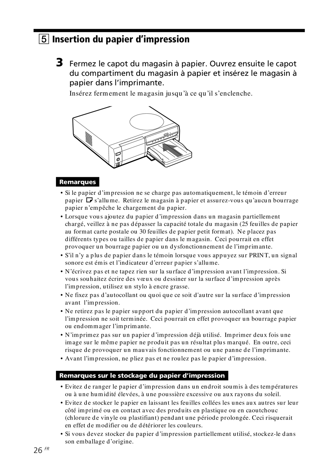 Sony DPP-SV88 Insertion du papier d’impression, 26 FR, Insérez fermement le magasin jusqu’à ce qu’il s’enclenche 