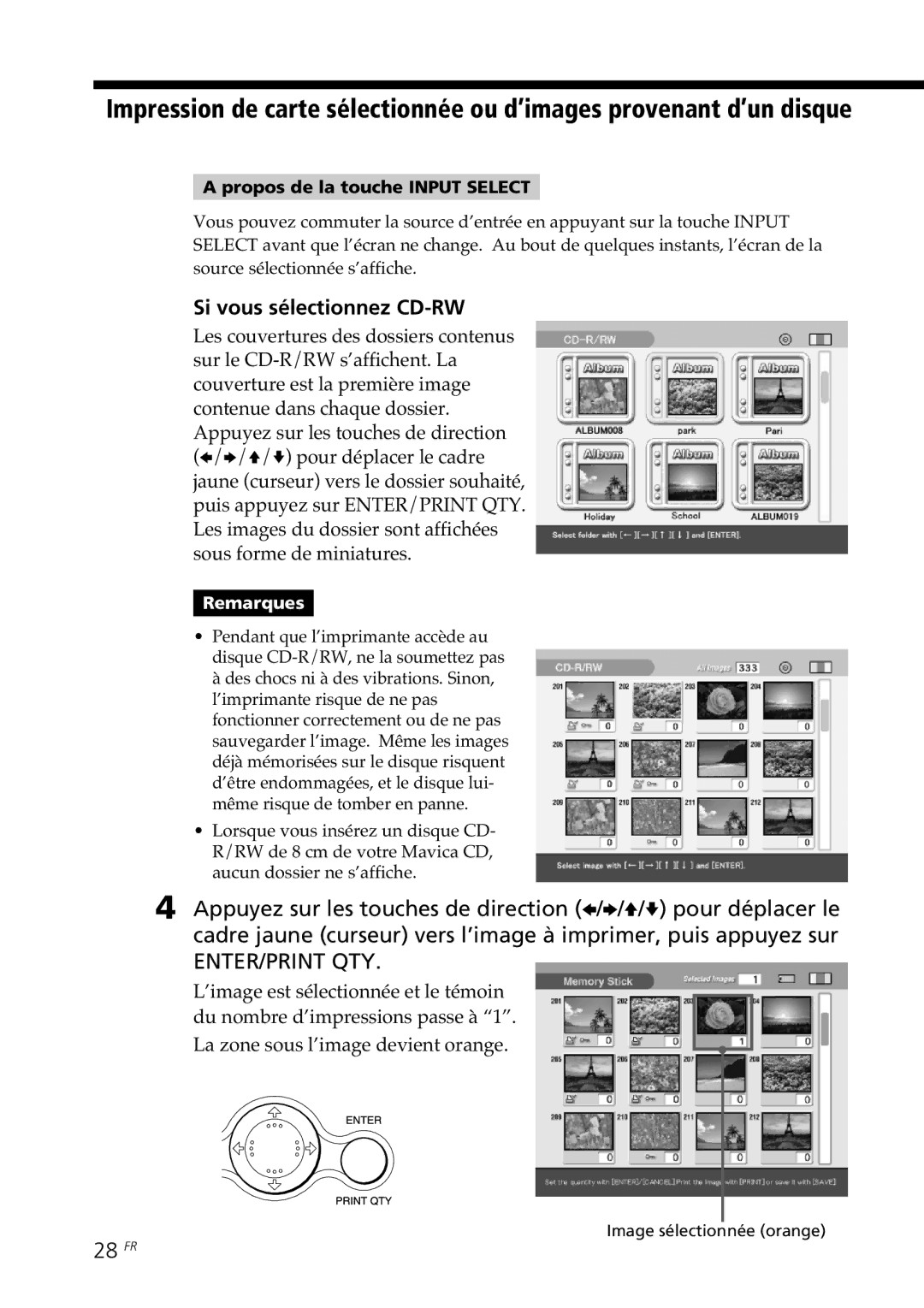 Sony DPP-SV88 operating instructions Si vous sélectionnez CD-RW, 28 FR, Propos de la touche Input Select 