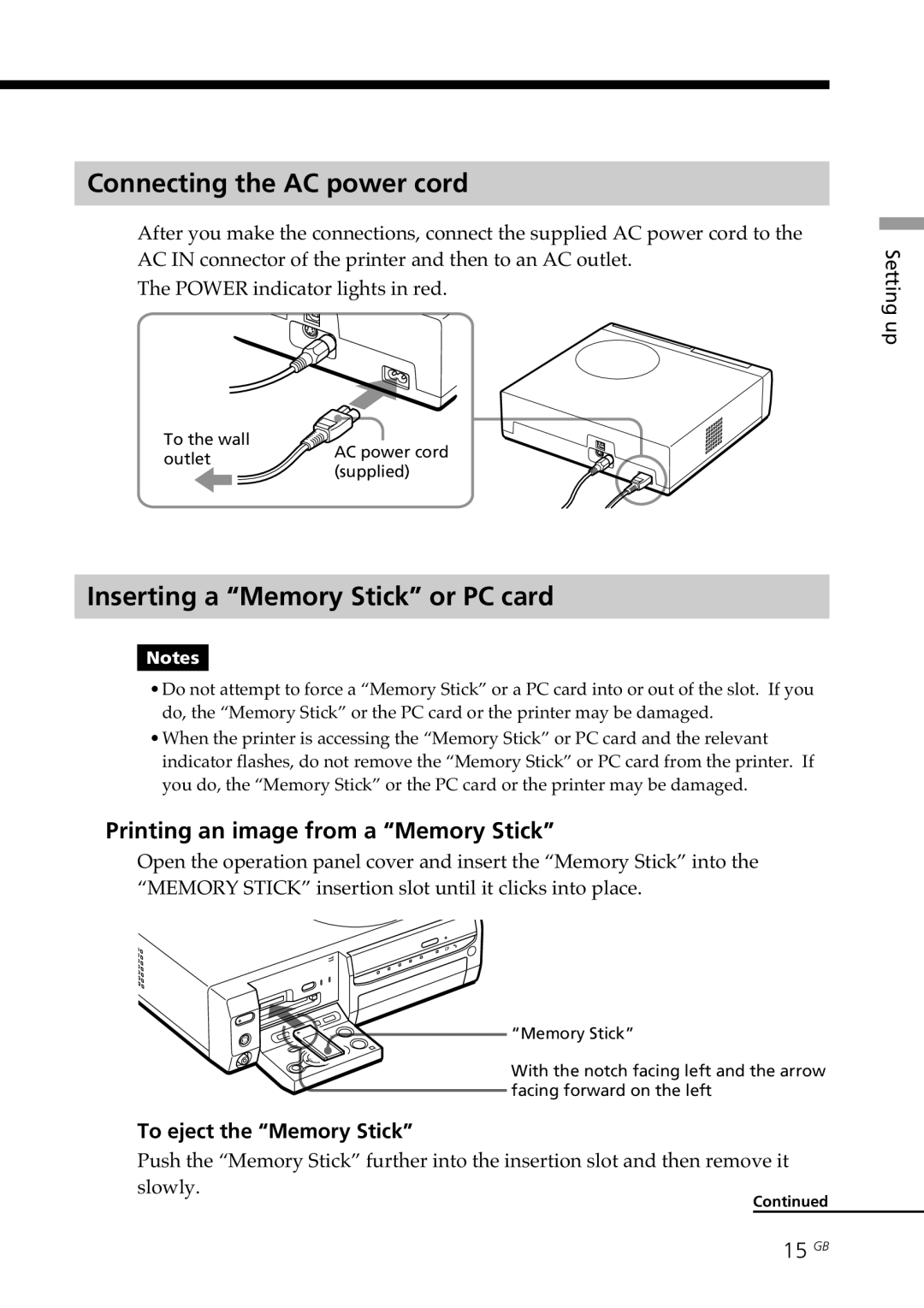 Sony DPP-SV88 Connecting the AC power cord, Inserting a Memory Stick or PC card, Printing an image from a Memory Stick 