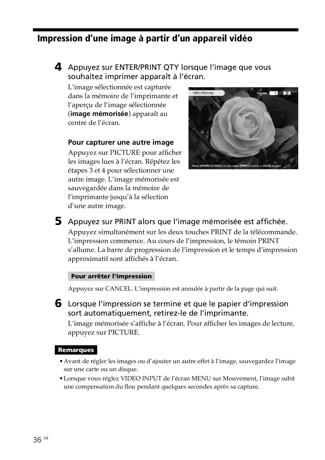 Sony DPP-SV88 Impression d’une image à partir d’un appareil vidéo, Pour capturer une autre image, 36 FR 