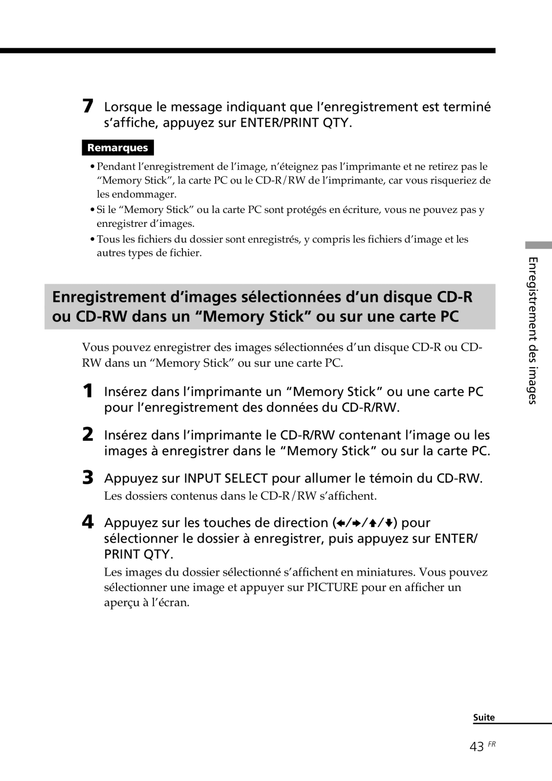 Sony DPP-SV88 operating instructions 43 FR, Les dossiers contenus dans le CD-R/RW s’affichent 