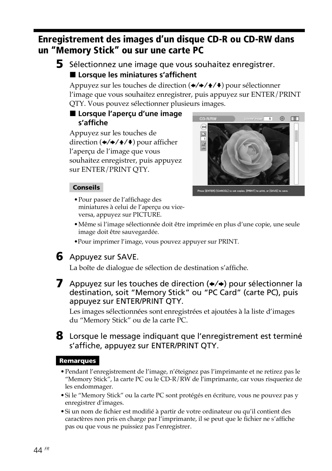 Sony DPP-SV88 operating instructions Sélectionnez une image que vous souhaitez enregistrer, 44 FR 