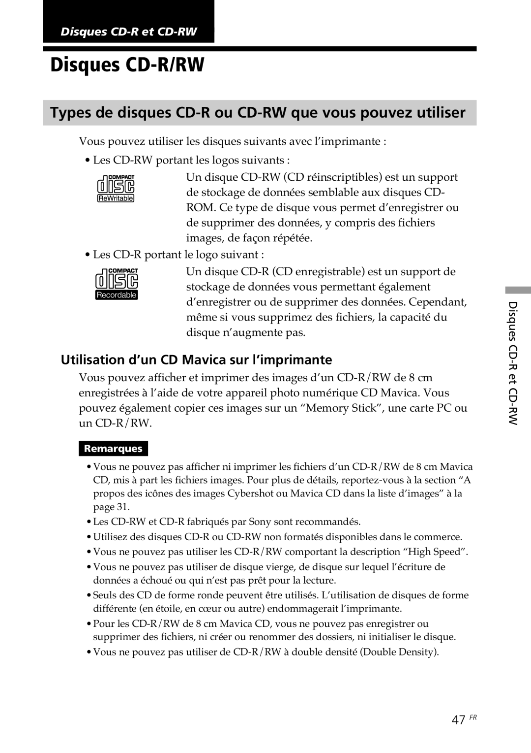 Sony DPP-SV88 operating instructions Disques CD-R/RW, Types de disques CD-R ou CD-RW que vous pouvez utiliser, 47 FR 