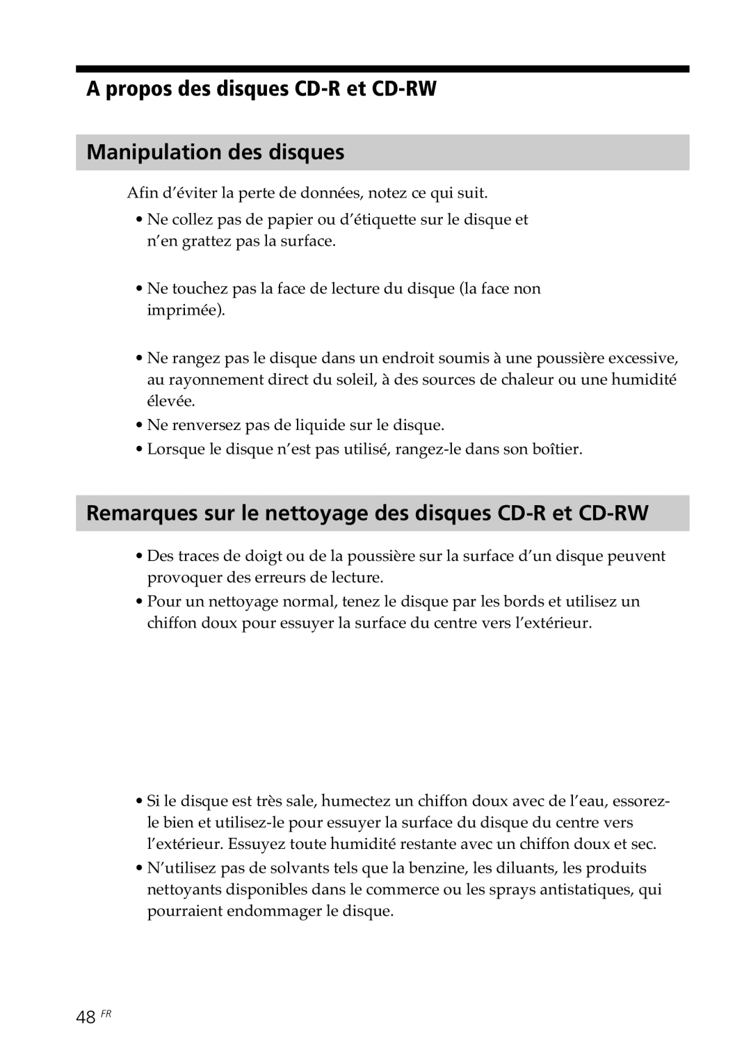 Sony DPP-SV88 operating instructions Propos des disques CD-R et CD-RW Manipulation des disques, 48 FR 