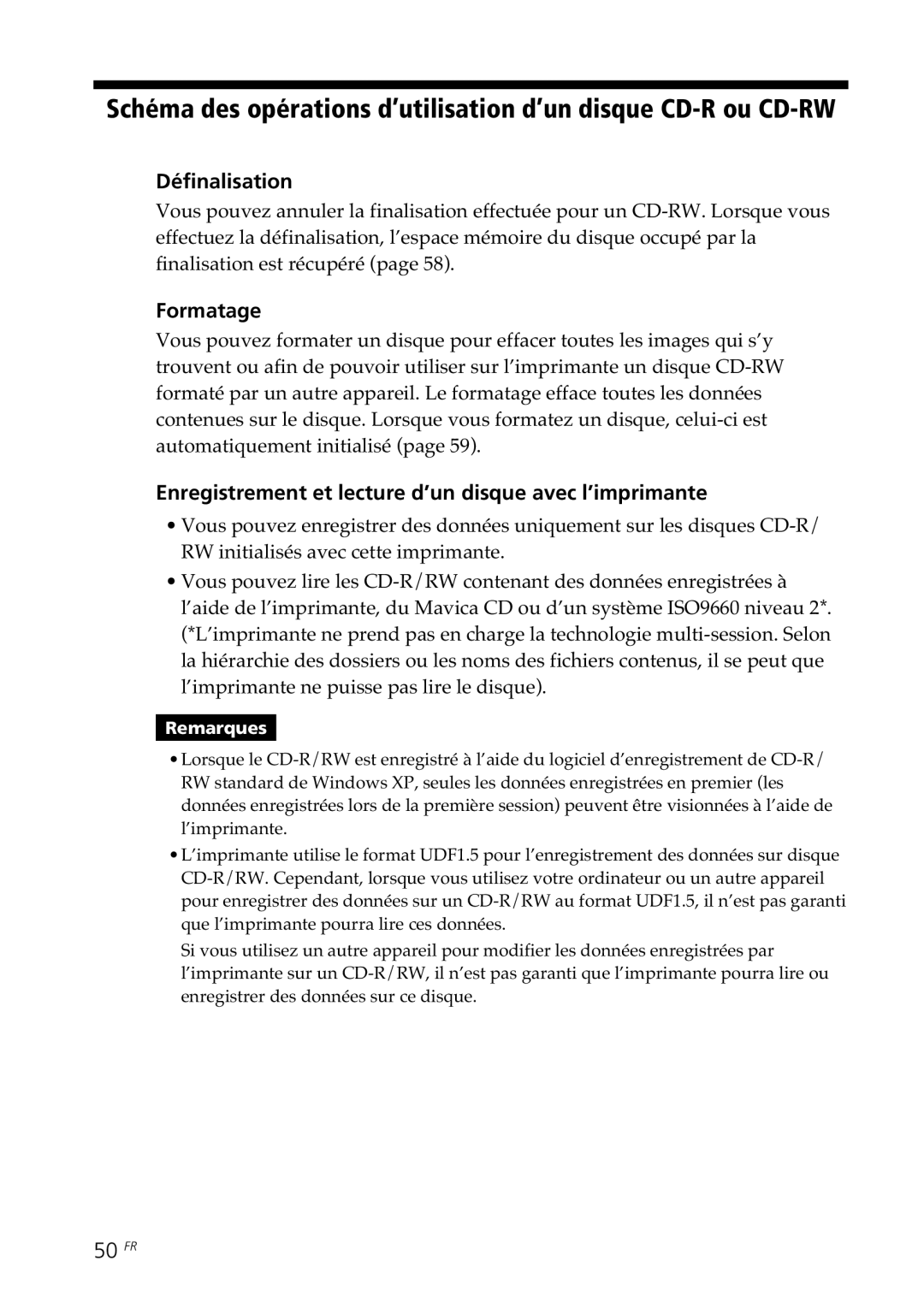 Sony DPP-SV88 Définalisation, Formatage, Enregistrement et lecture d’un disque avec l’imprimante, 50 FR 