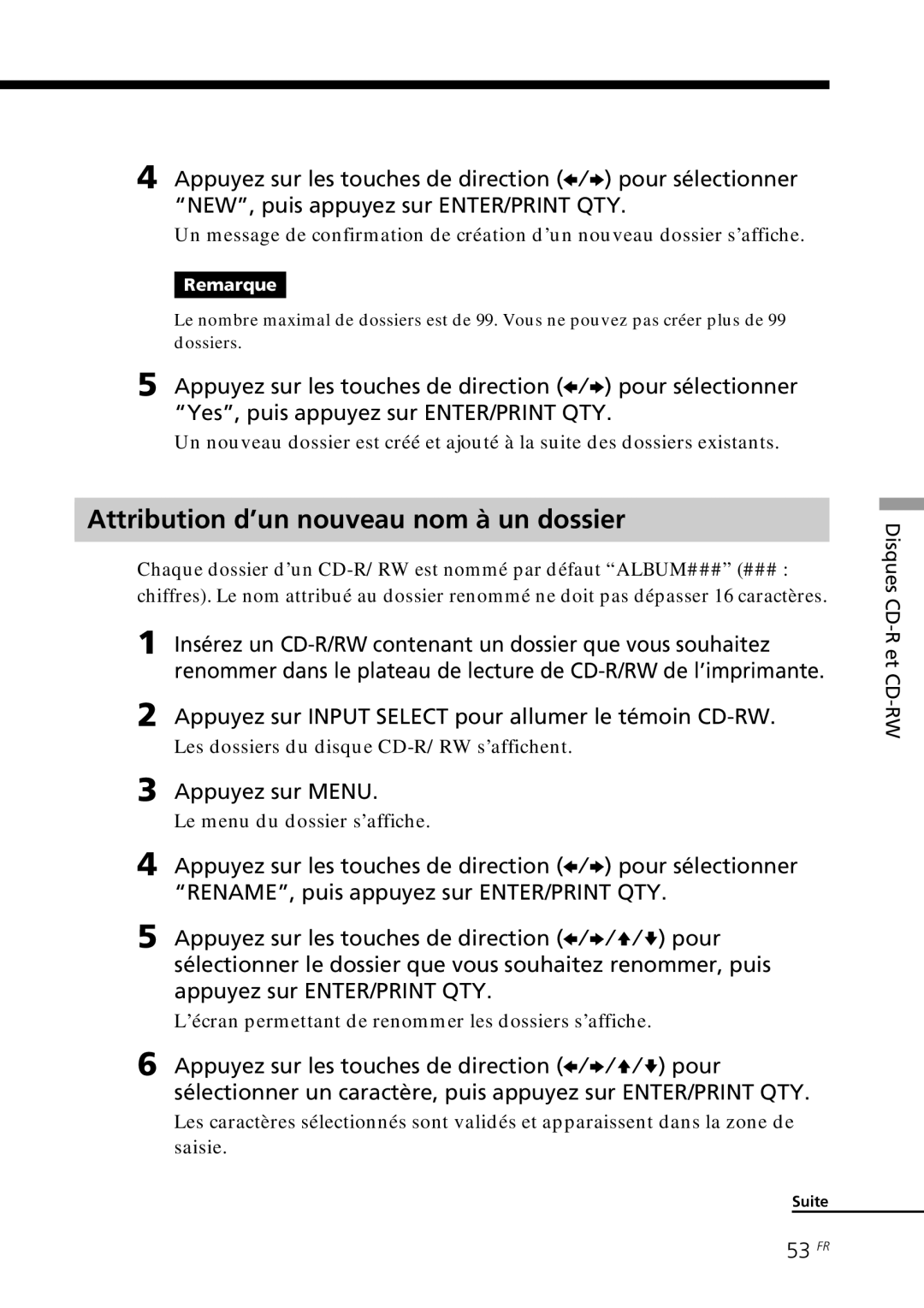 Sony DPP-SV88 Attribution d’un nouveau nom à un dossier, 53 FR, ’écran permettant de renommer les dossiers s’affiche 