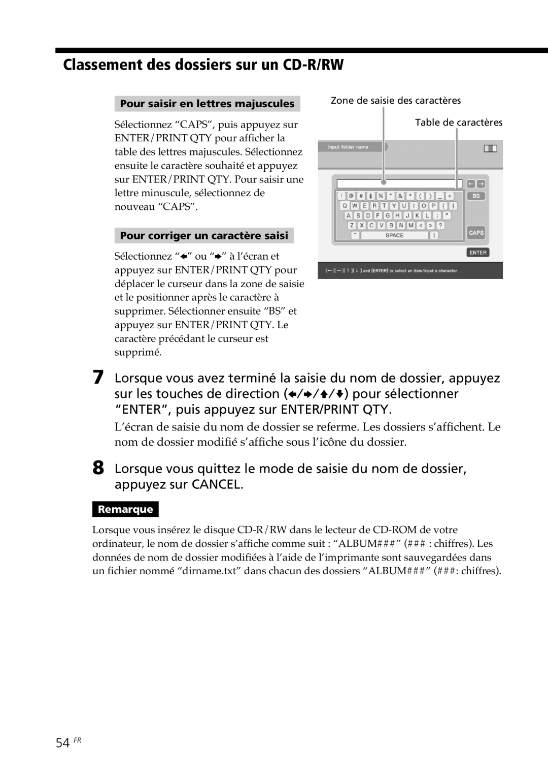 Sony DPP-SV88 operating instructions Classement des dossiers sur un CD-R/RW, 54 FR, Pour saisir en lettres majuscules 