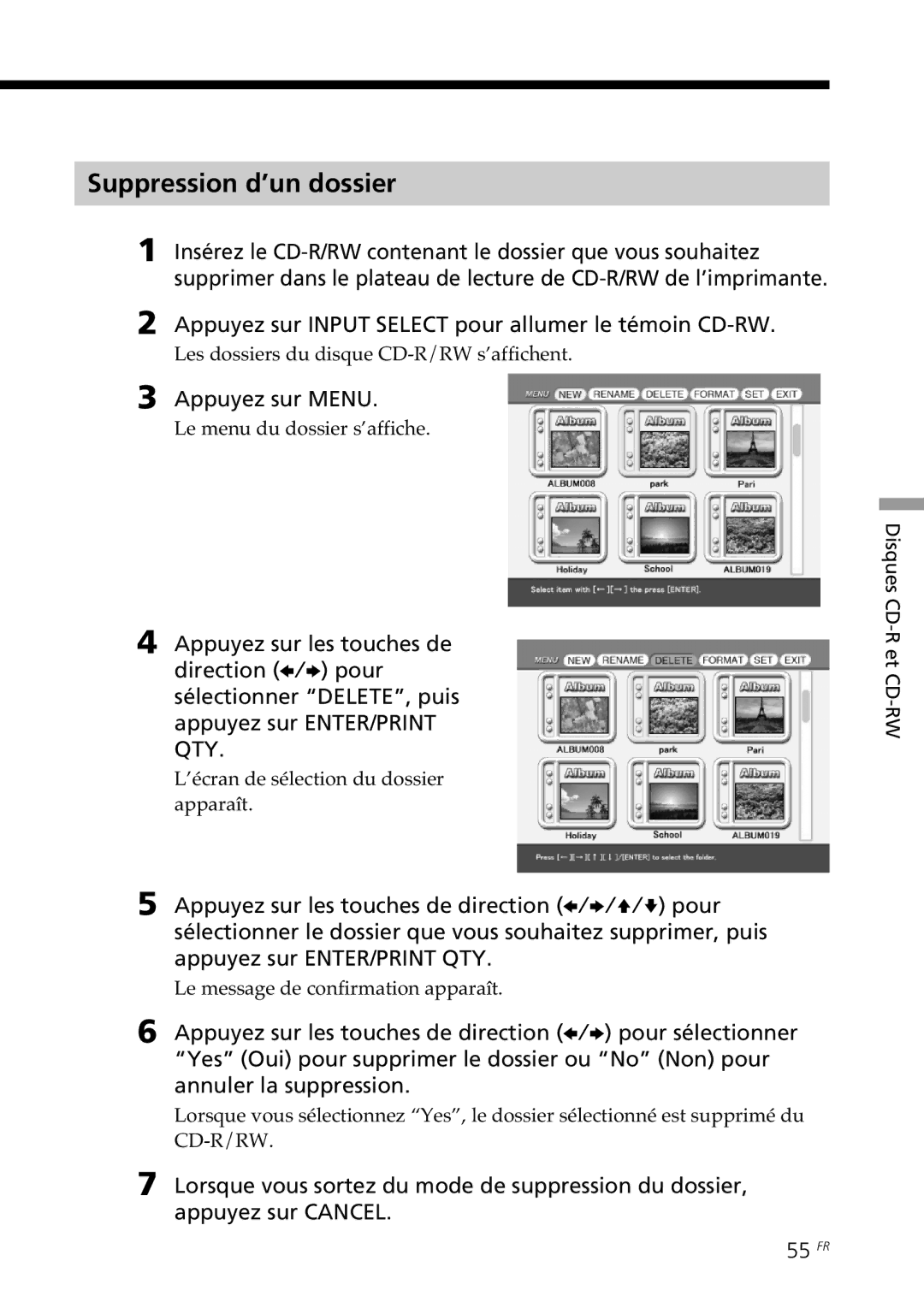 Sony DPP-SV88 Suppression d’un dossier, ’écran de sélection du dossier apparaît, Le message de confirmation apparaît 