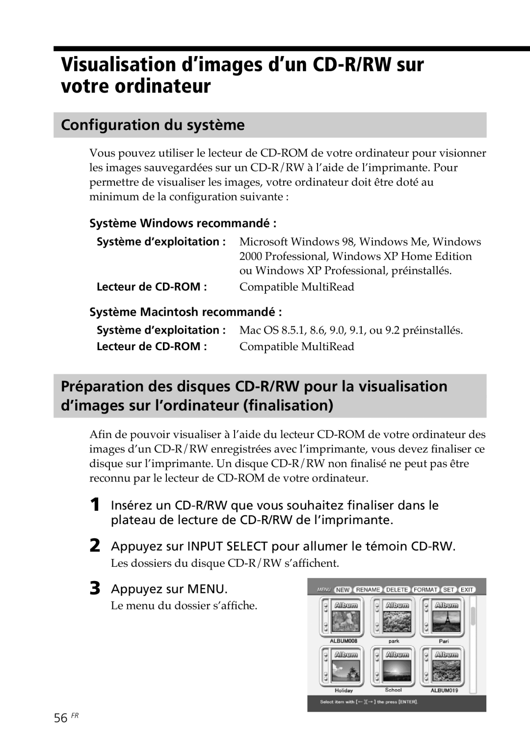 Sony DPP-SV88 Visualisation d’images d’un CD-R/RW sur votre ordinateur, Configuration du système, 56 FR 