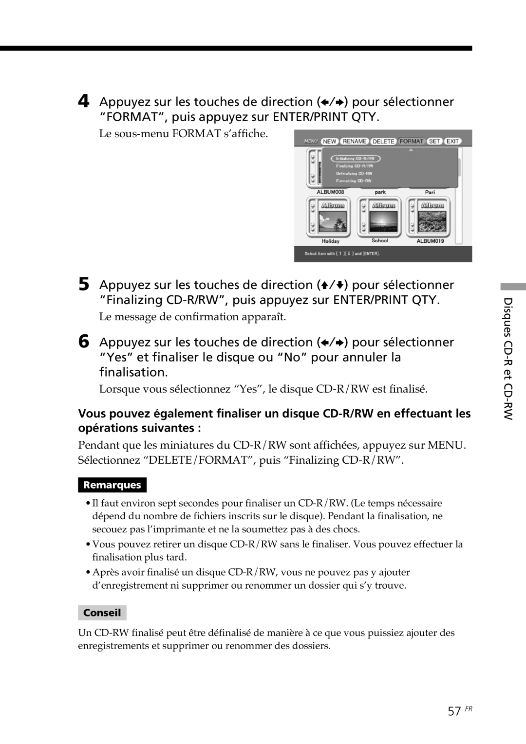 Sony DPP-SV88 operating instructions 57 FR, Le sous-menu Format s’affiche 