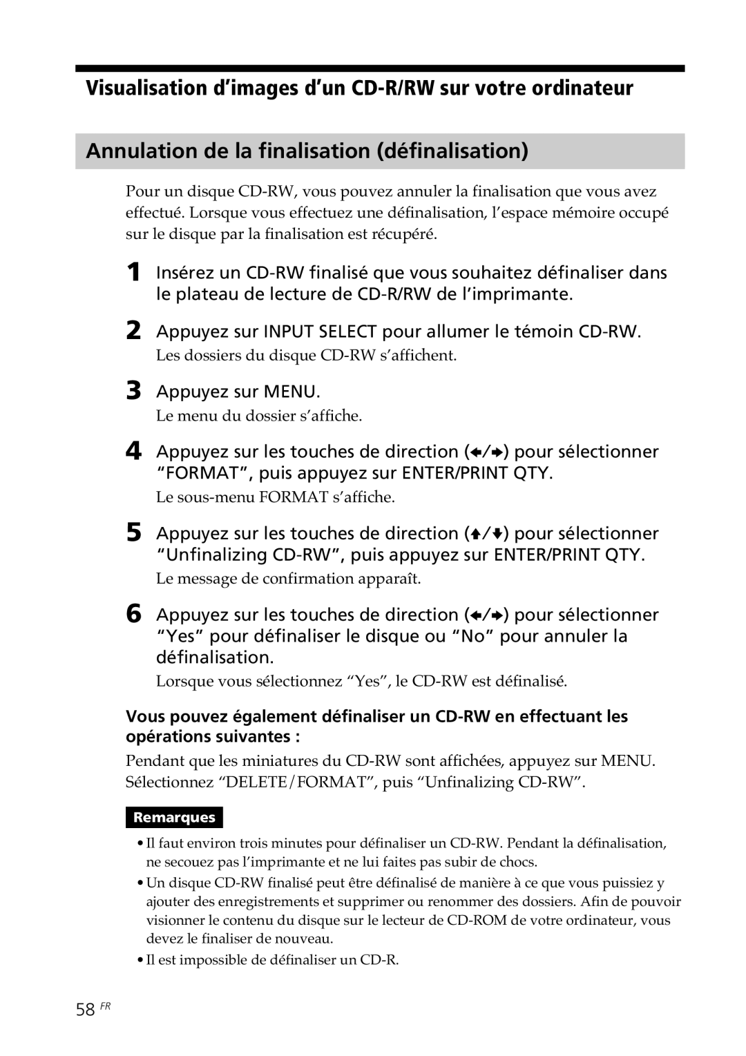 Sony DPP-SV88 58 FR, Les dossiers du disque CD-RW s’affichent, Lorsque vous sélectionnez Yes, le CD-RW est définalisé 