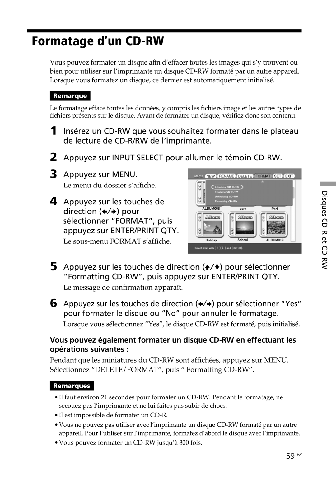 Sony DPP-SV88 operating instructions Formatage d’un CD-RW, 59 FR 