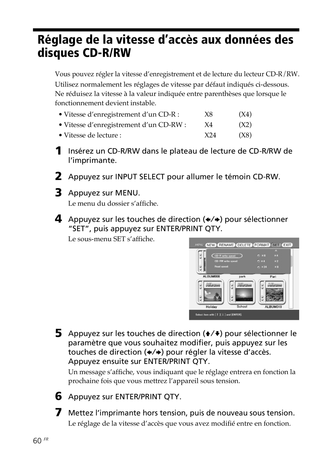 Sony DPP-SV88 operating instructions 60 FR, Le sous-menu SET s’affiche 