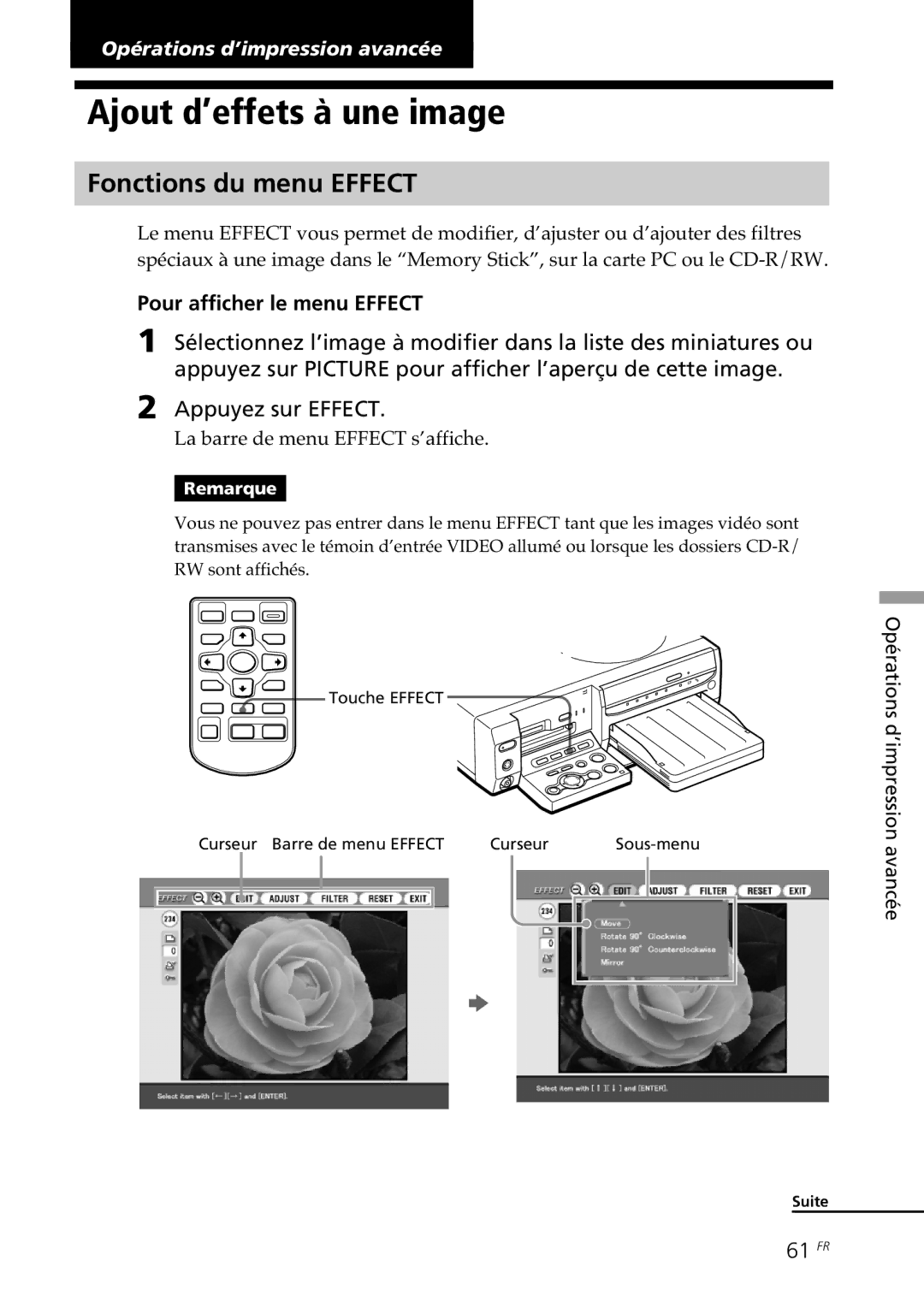 Sony DPP-SV88 Ajout d’effets à une image, Fonctions du menu Effect, Pour afficher le menu Effect, 61 FR 