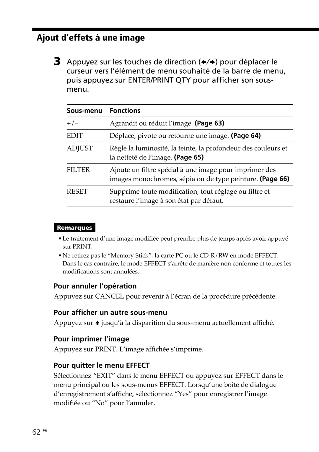 Sony DPP-SV88 Ajout d’effets à une image, Pour afficher un autre sous-menu, Pour imprimer l’image, 62 FR 