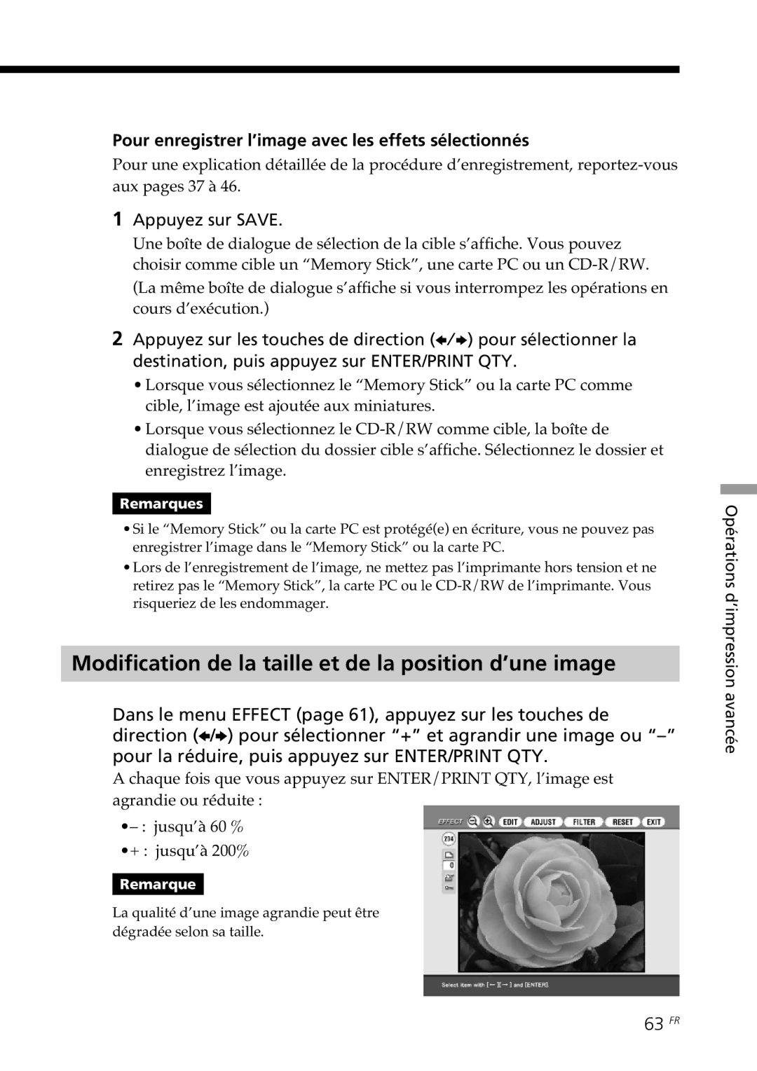 Sony DPP-SV88 operating instructions Modification de la taille et de la position d’une image, 63 FR 