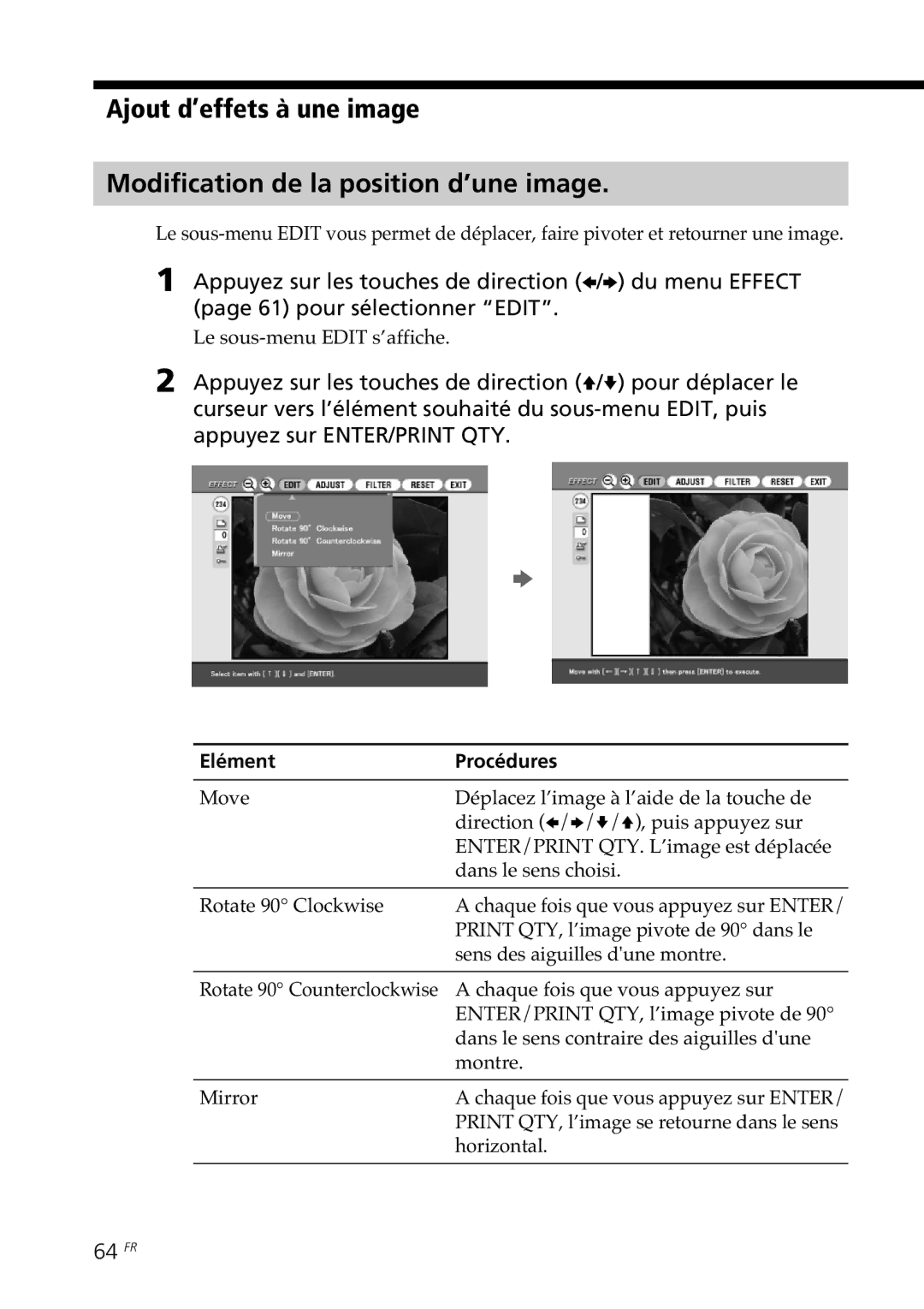 Sony DPP-SV88 operating instructions 64 FR, Le sous-menu Edit s’affiche, Elément Procédures 