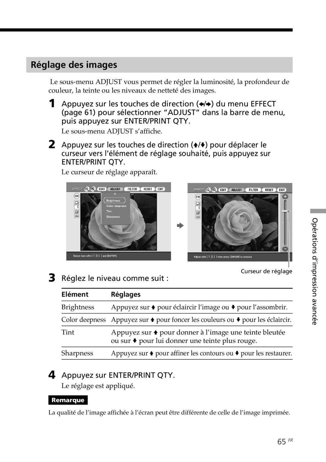 Sony DPP-SV88 Réglage des images, Réglez le niveau comme suit, Appuyez sur ENTER/PRINT QTY, 65 FR, Elément Réglages 