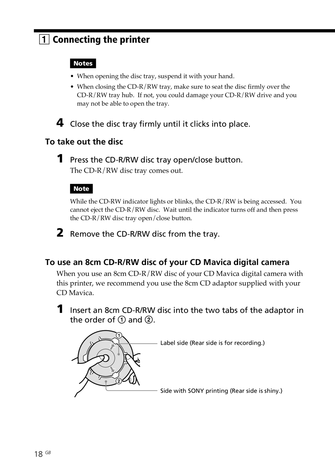 Sony DPP-SV88 To take out the disc, To use an 8cm CD-R/RW disc of your CD Mavica digital camera, 18 GB 