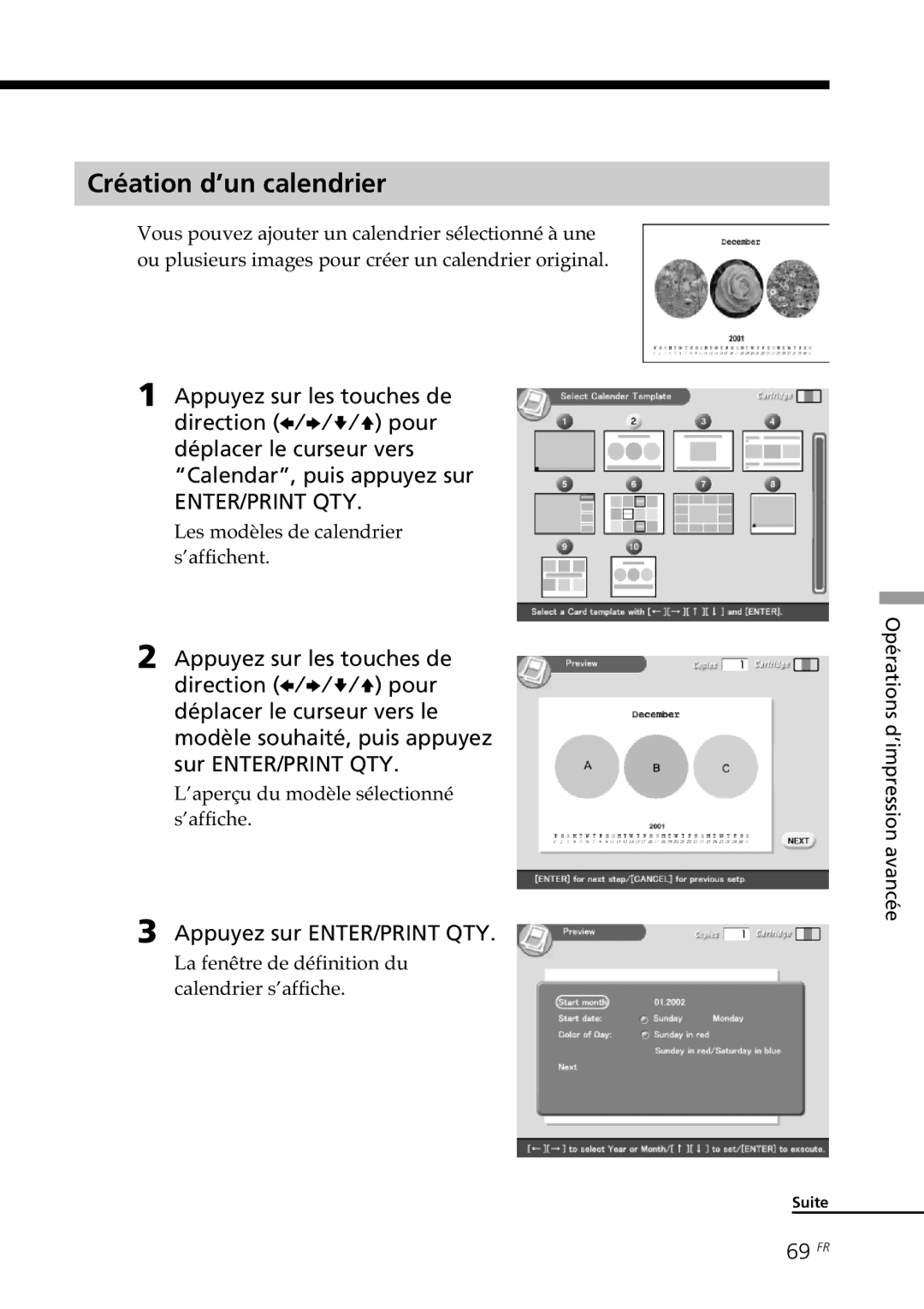 Sony DPP-SV88 operating instructions Création d’un calendrier, 69 FR, Les modèles de calendrier s’affichent 