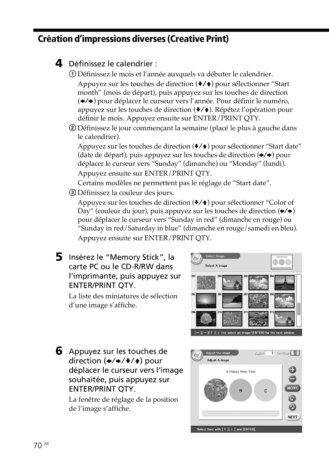 Sony DPP-SV88 Définissez le calendrier, 70 FR, La liste des miniatures de sélection d’une image s’affiche 