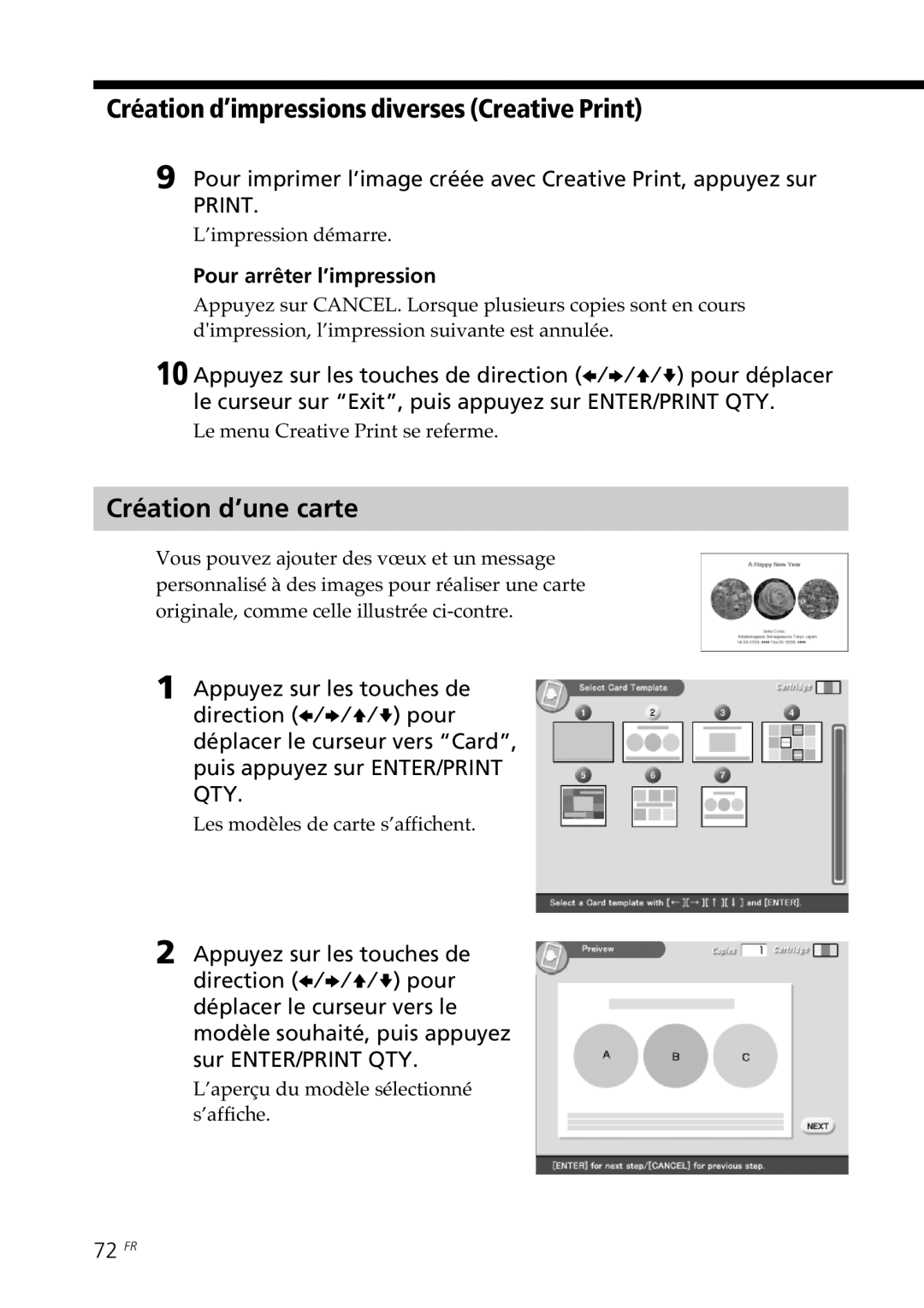 Sony DPP-SV88 operating instructions Création d’une carte, 72 FR, ’impression démarre, Le menu Creative Print se referme 