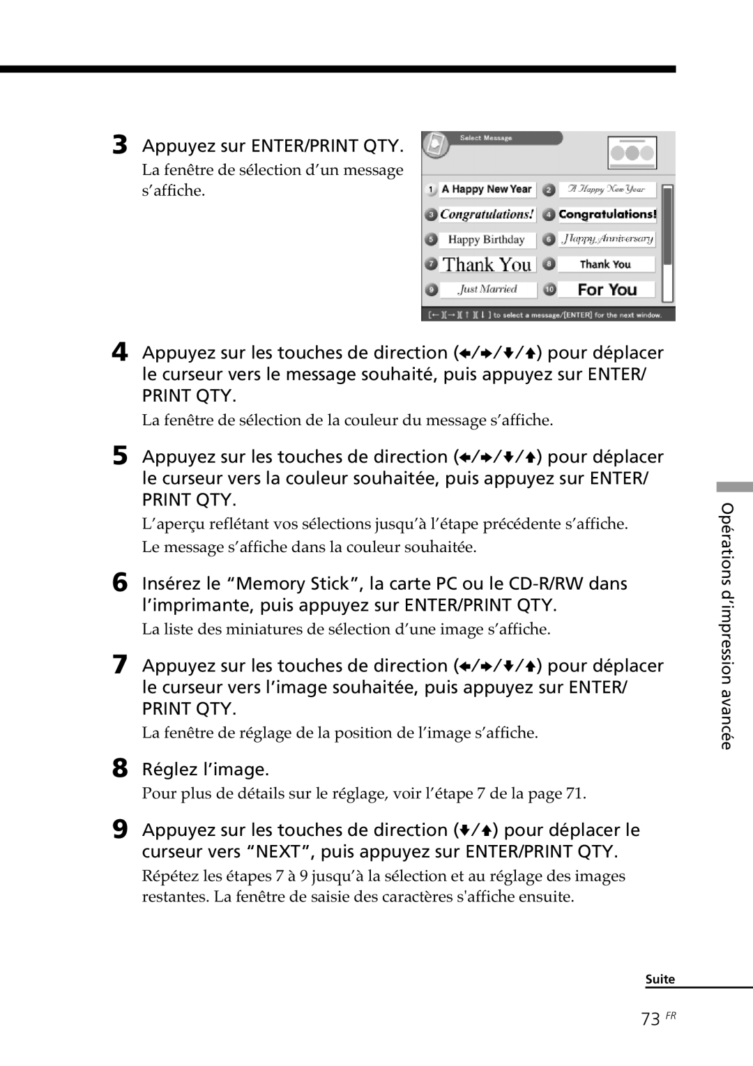 Sony DPP-SV88 operating instructions Réglez l’image, 73 FR, La fenêtre de sélection d’un message s’affiche 