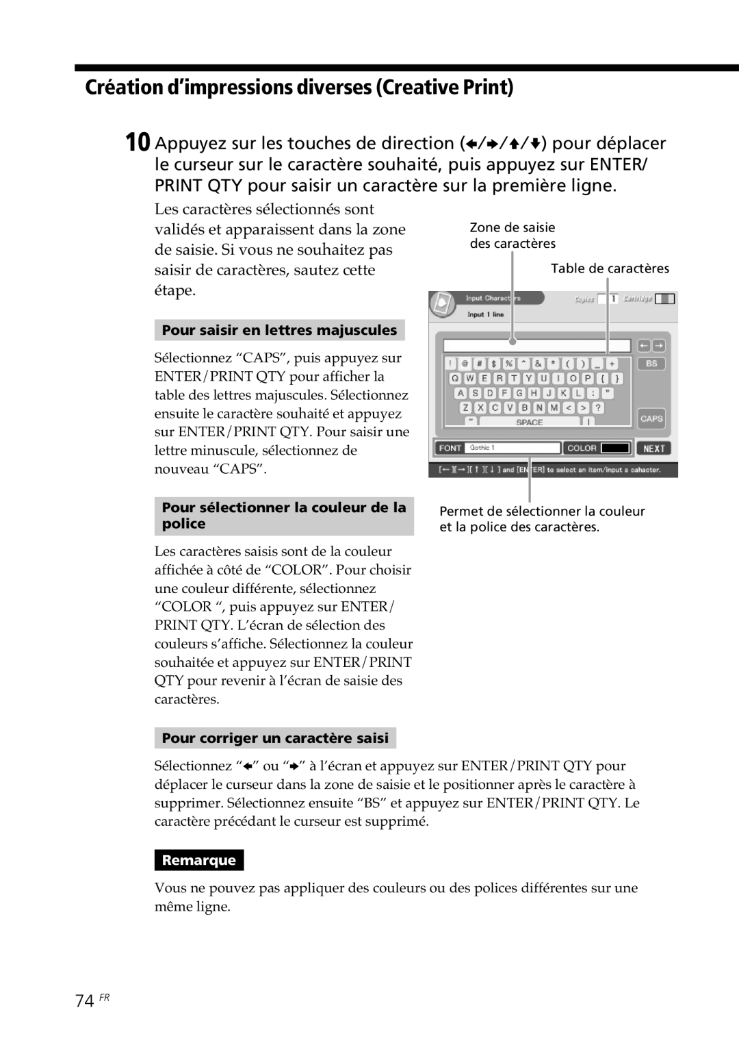 Sony DPP-SV88 operating instructions 74 FR, Pour sélectionner la couleur de la Police 