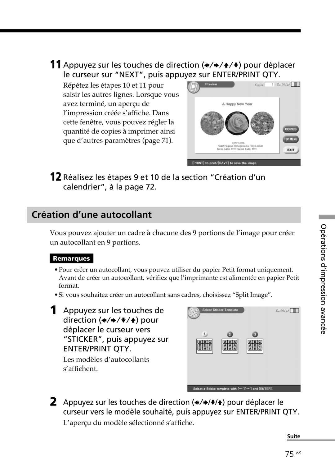 Sony DPP-SV88 operating instructions Création d’une autocollant, 75 FR, Les modèles d’autocollants s’affichent 