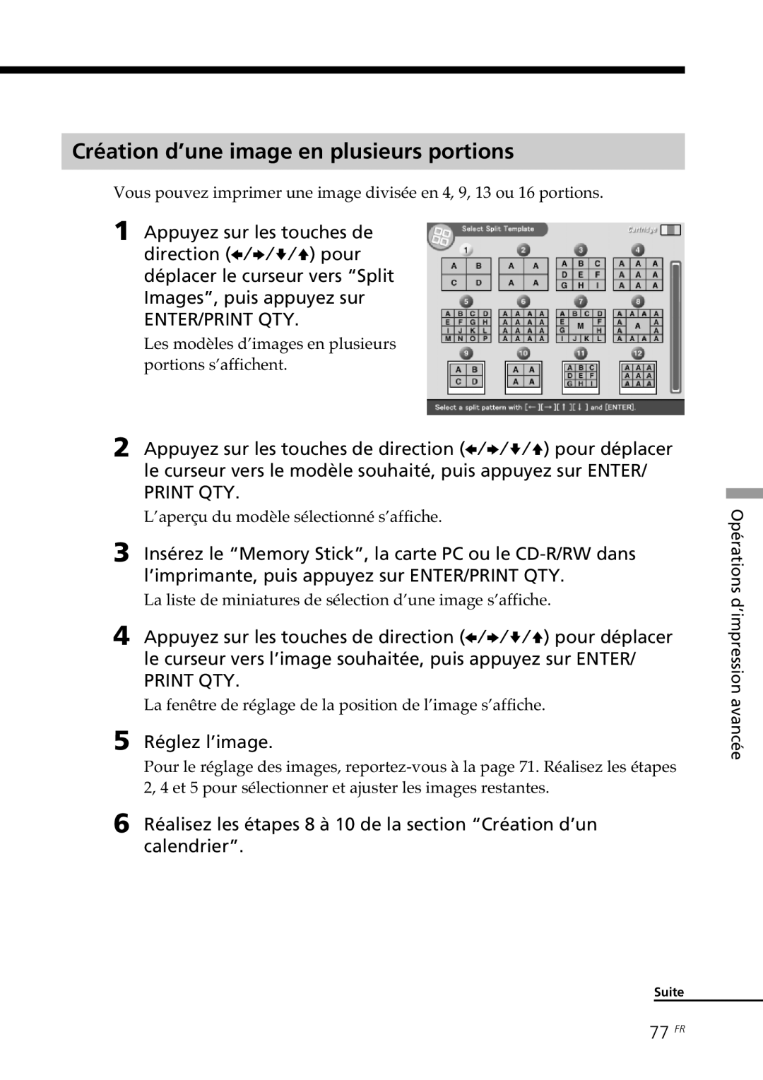 Sony DPP-SV88 Création d’une image en plusieurs portions, 77 FR, Les modèles d’images en plusieurs portions s’affichent 