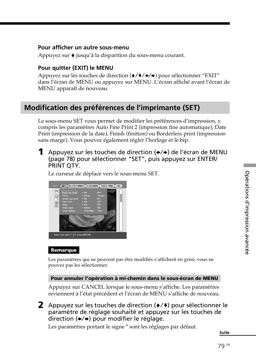 Sony DPP-SV88 operating instructions Modification des préférences de l’imprimante SET, Pour quitter Exit le Menu, 79 FR 