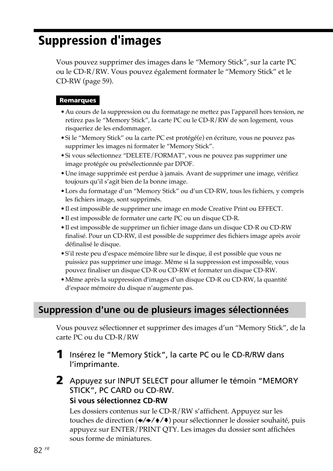 Sony DPP-SV88 operating instructions Suppression dimages, Suppression dune ou de plusieurs images sélectionnées, 82 FR 