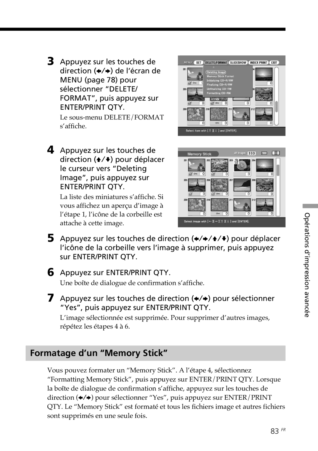 Sony DPP-SV88 operating instructions Formatage d’un Memory Stick, 83 FR, Le sous-menu DELETE/FORMAT s’affiche 