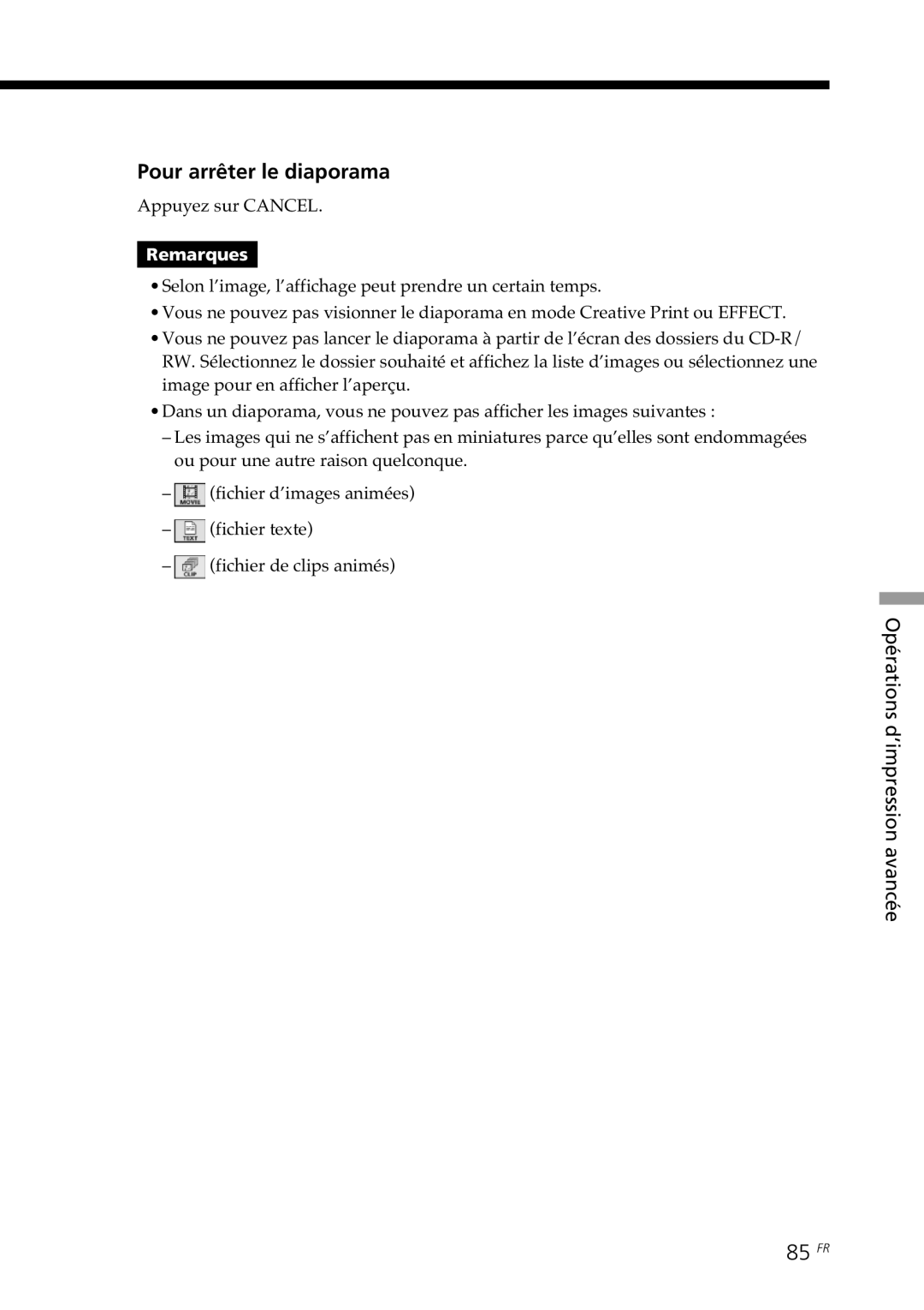 Sony DPP-SV88 operating instructions Pour arrêter le diaporama, 85 FR 